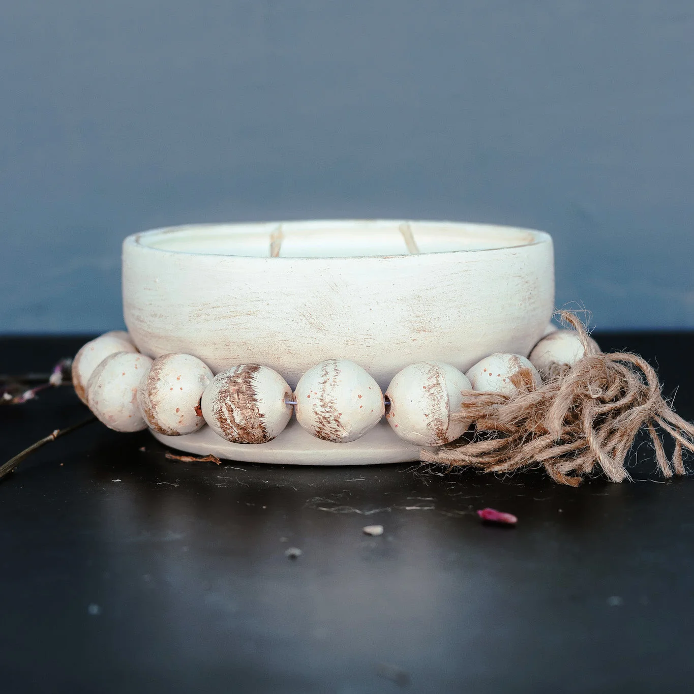 Superior 3 Wick Handmade Beaded Pottery Soy Candle with Tassel Original