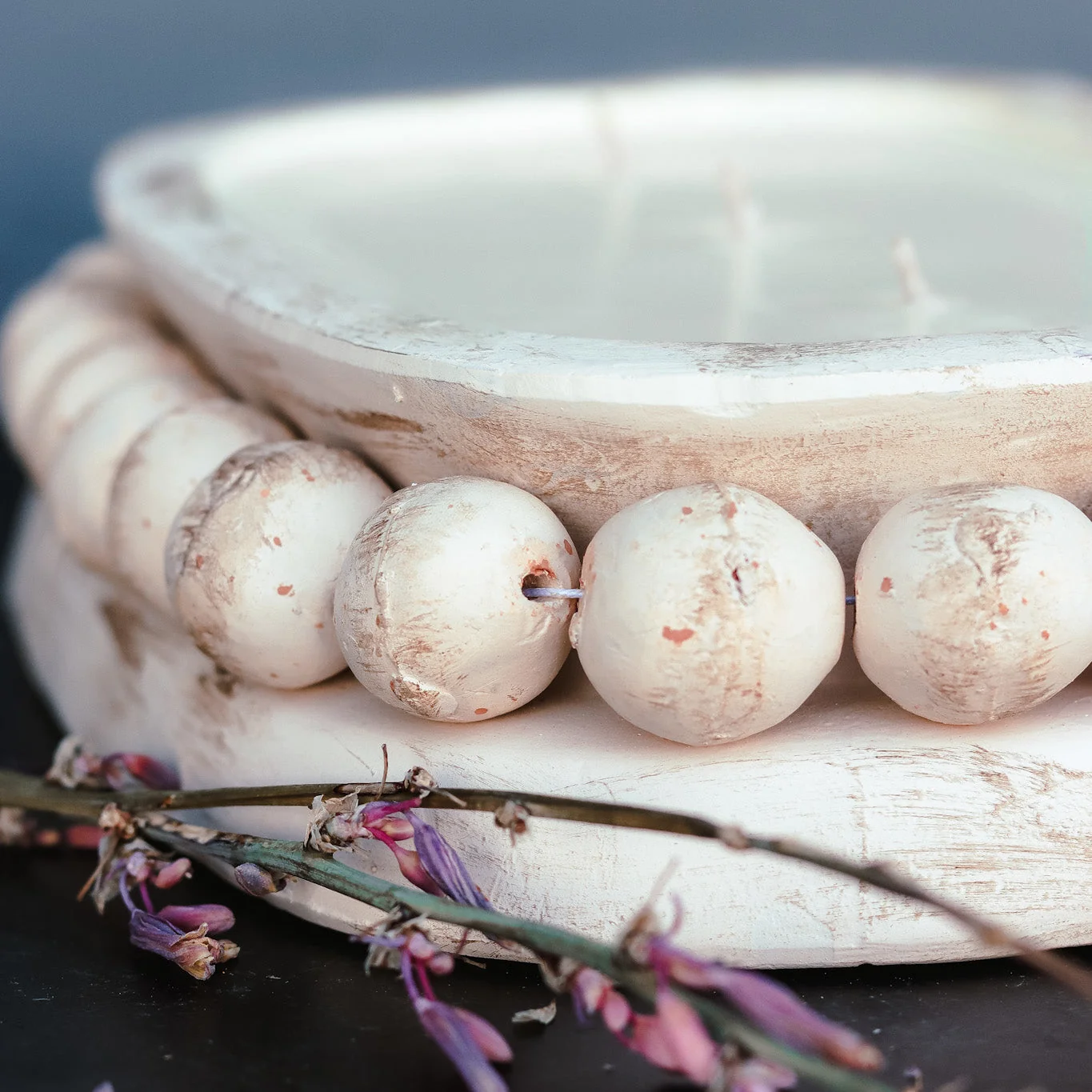 Eco-Friendly 3 Wick Pottery Dough Bowl Soy Candle – With Beads Contemporary