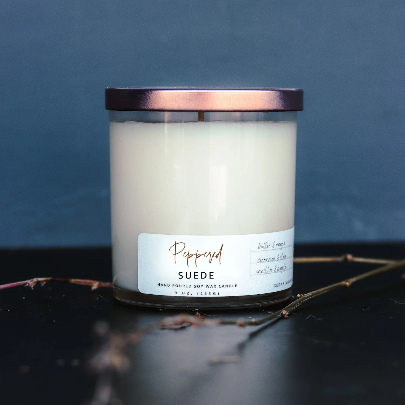 Breathable Peppered Suede – 9 oz Whiskey Glass Candle Premium