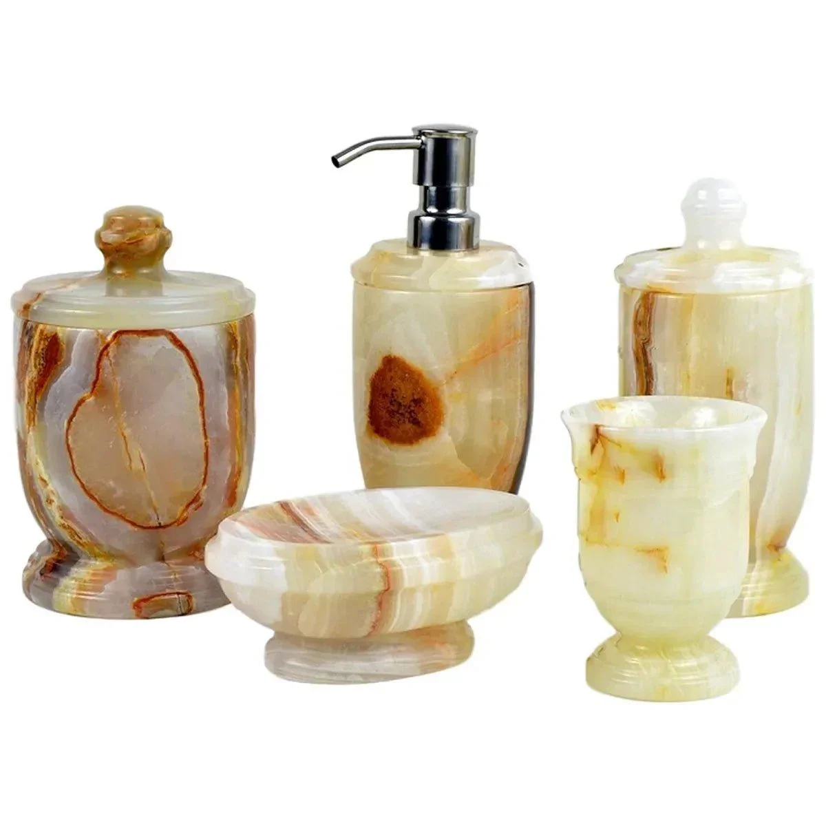 Modern Elegant Bathroom Accessory Set – 5-Piece Set of White Onyx