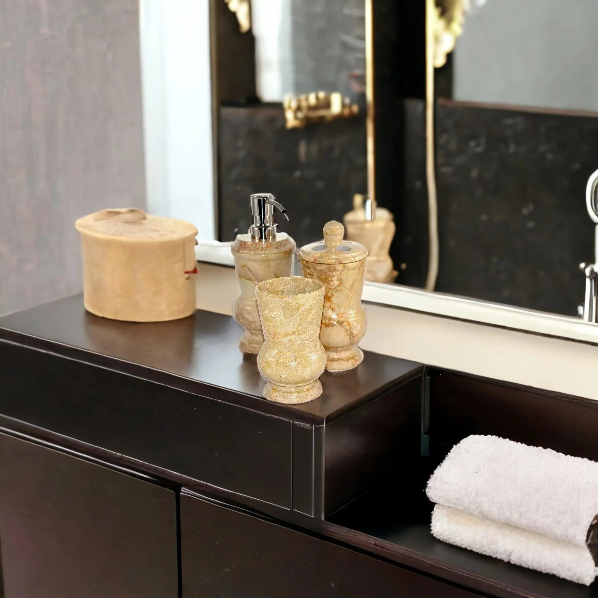Solid 3-Piece Bath Set of Sahara Beige Marble Trusted