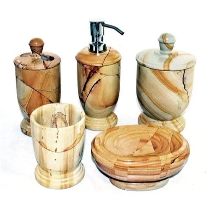 Fast 5 Piece Bathroom Accessory Set Crafted in Teak Marble Convenient
