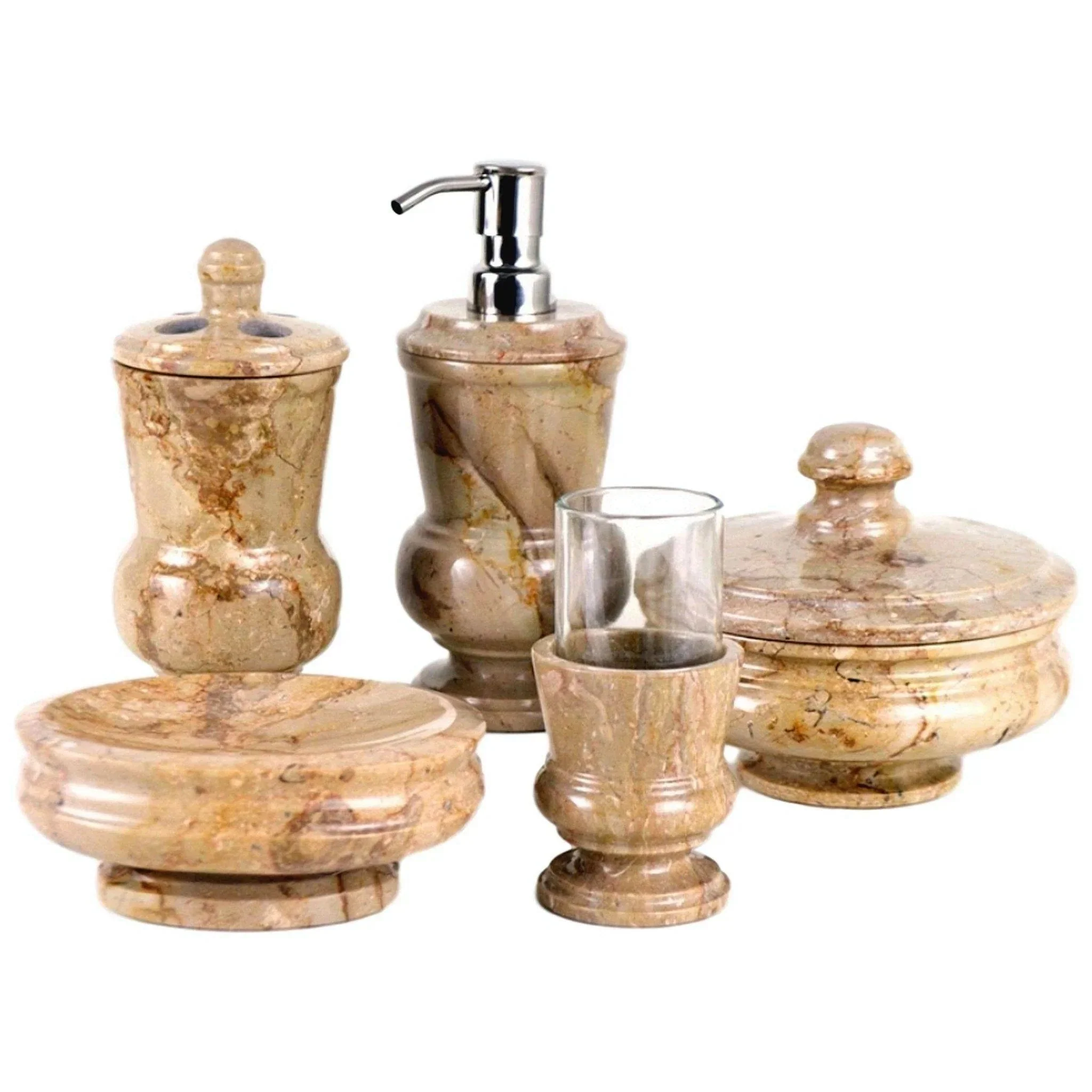 Organic 5 Piece Bathroom Accessory Set of Sahara Beige Marble First-Class