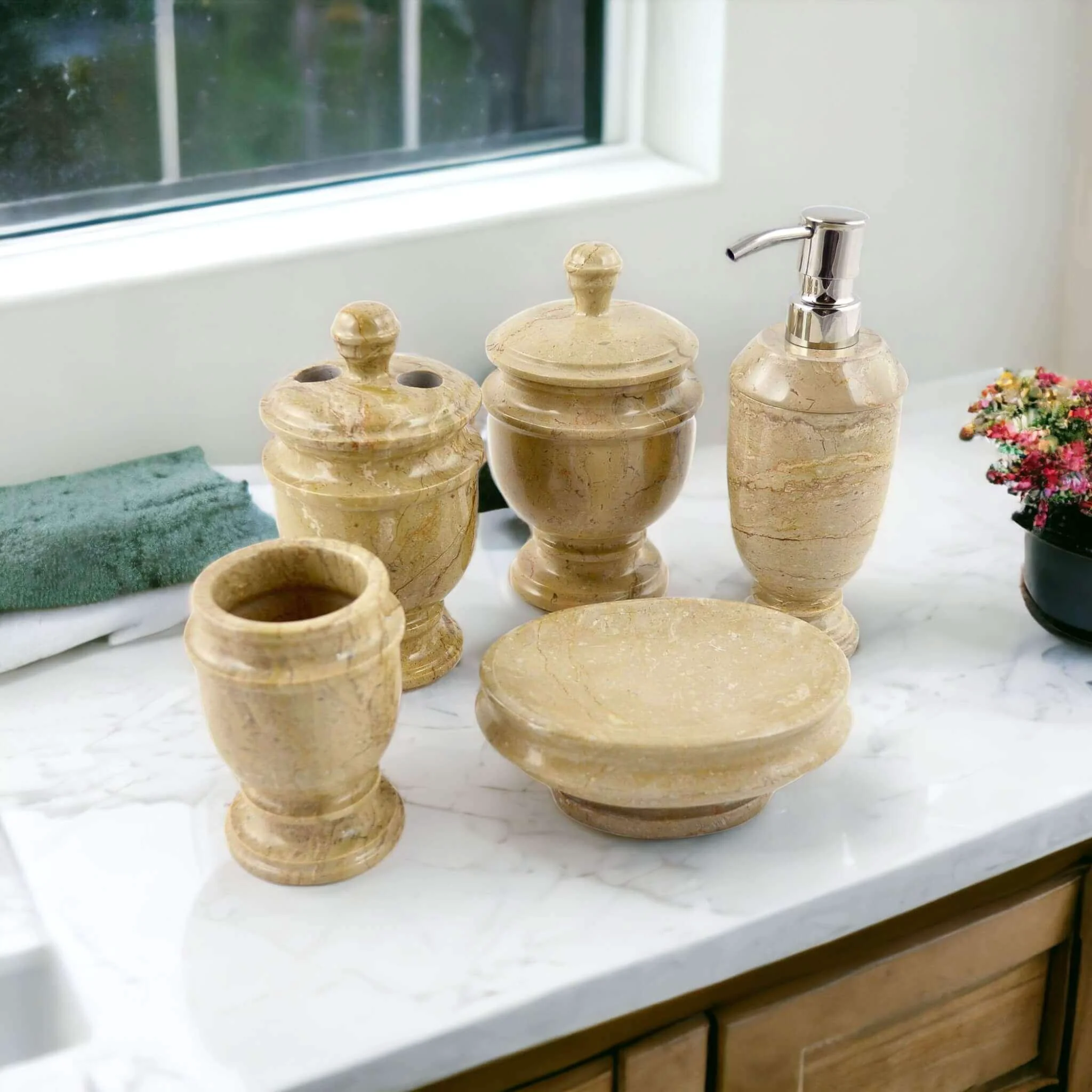 Smooth 5 Piece Bathroom Set Beige Marble Premium