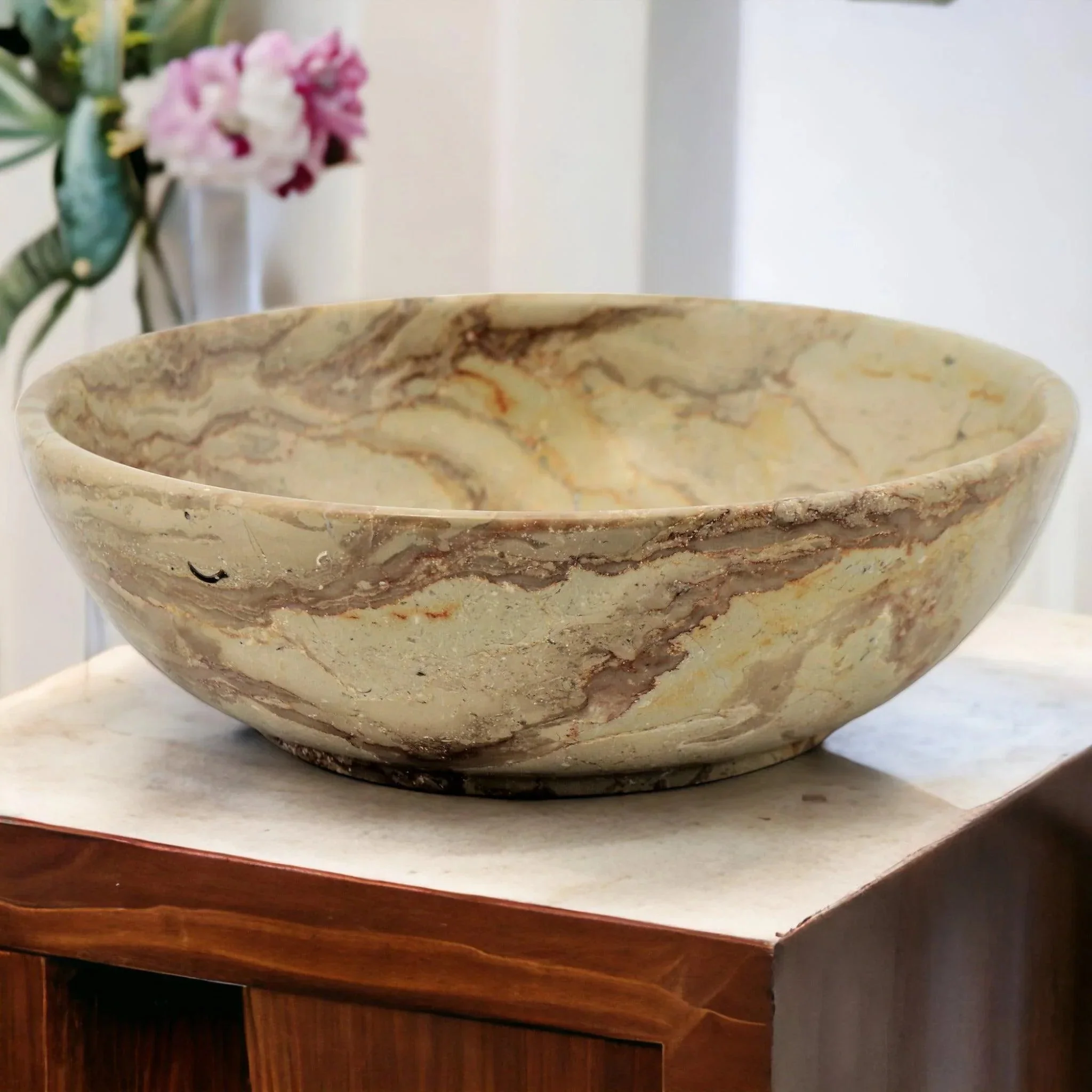 Top-Quality Sahara Beige Marble 12 inch Decorative Fruit Bowl Classic