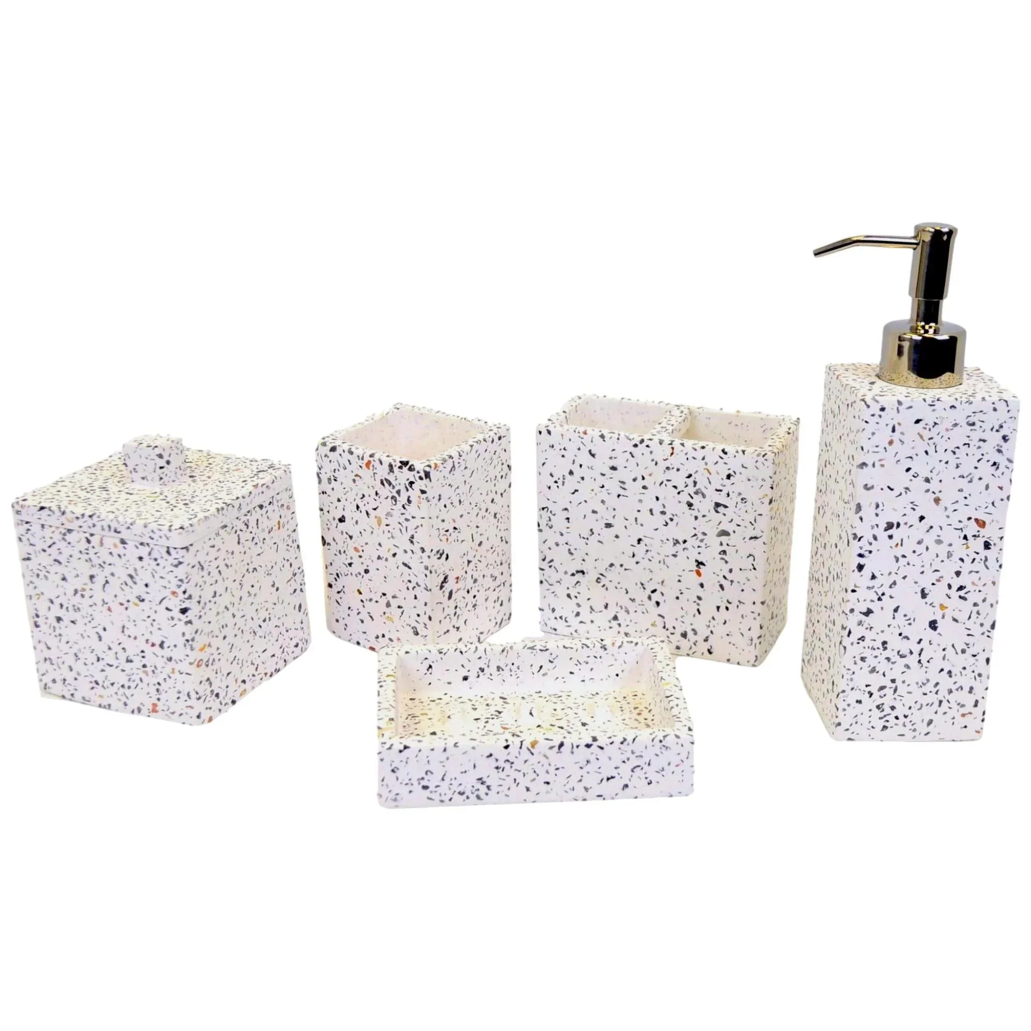 Specialty White Marble Bathroom Accessory Set – 5 Piece Bath Set White amp Color Chips Design Pure