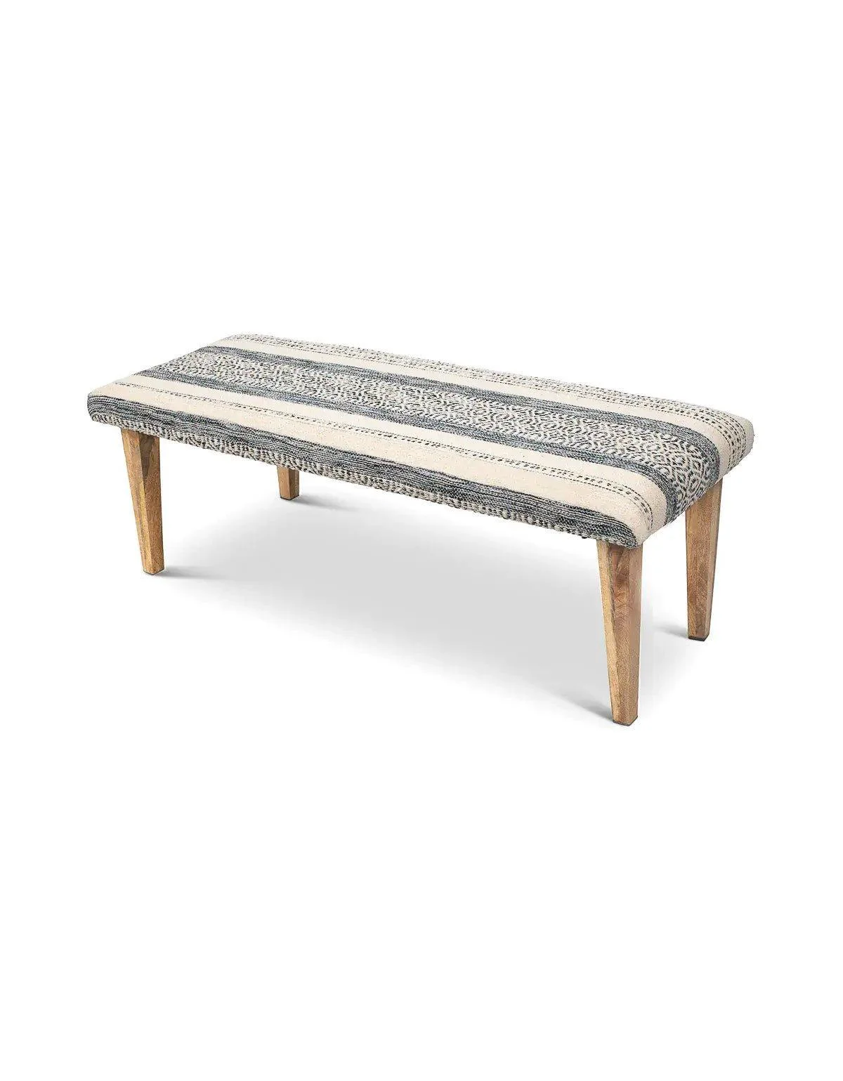 Professional Ottoman Bench of Handwoven Fabric in Indigo Striped Design Enhanced