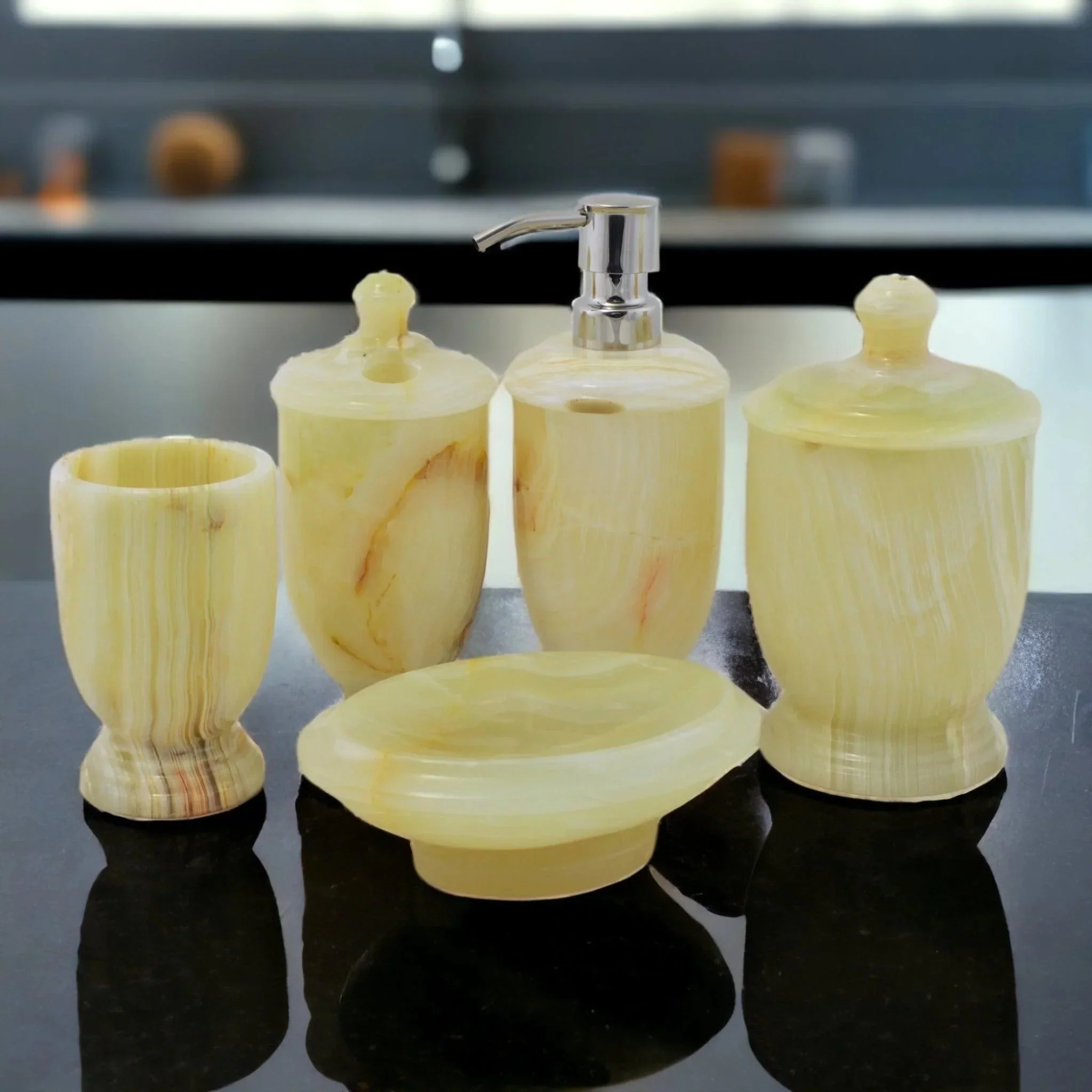 High-Quality 5-Piece Onyx Bath Set of Pistachio Onyx Crafted