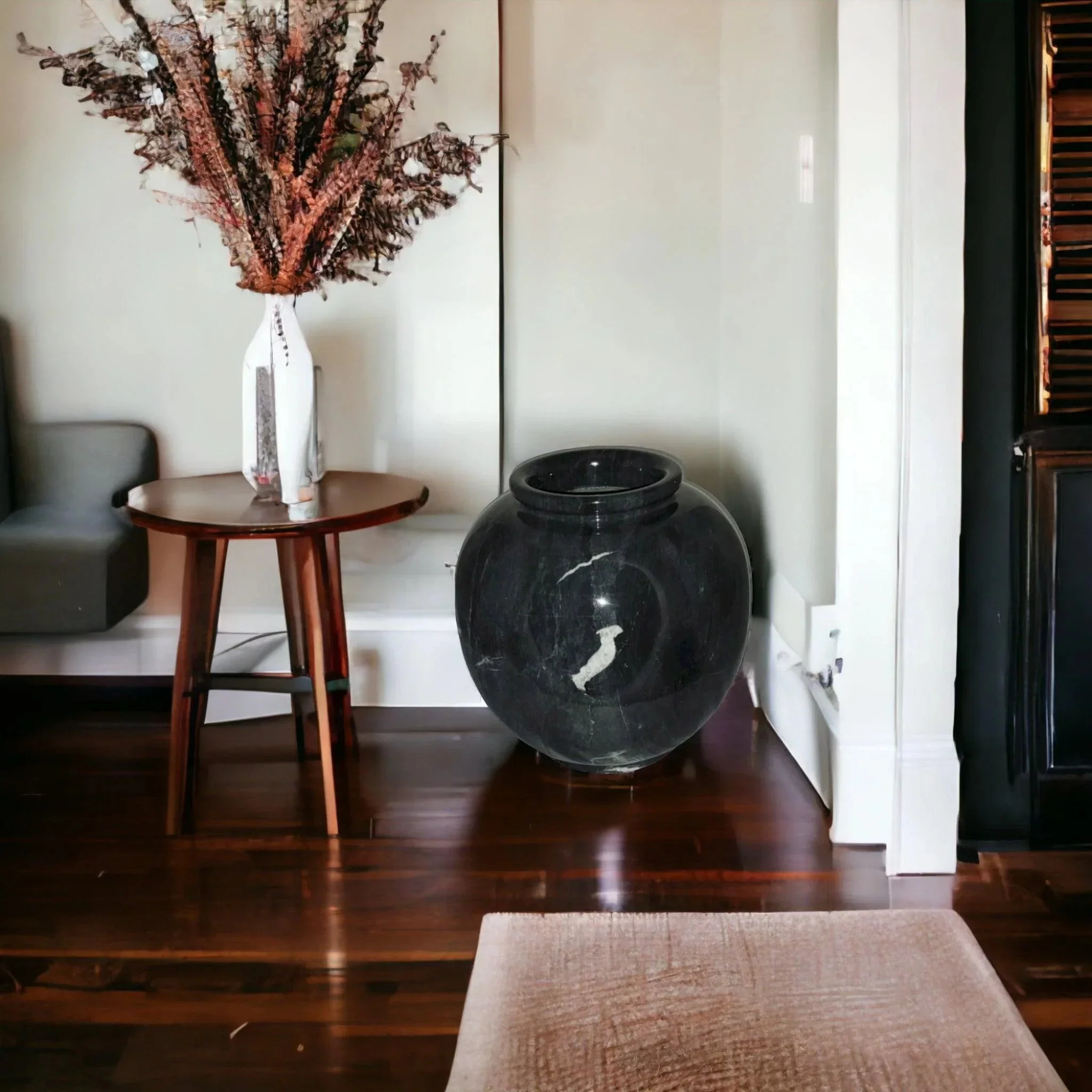 Relaxed Decorative Vase of Black Marble 12 inch Round Certified