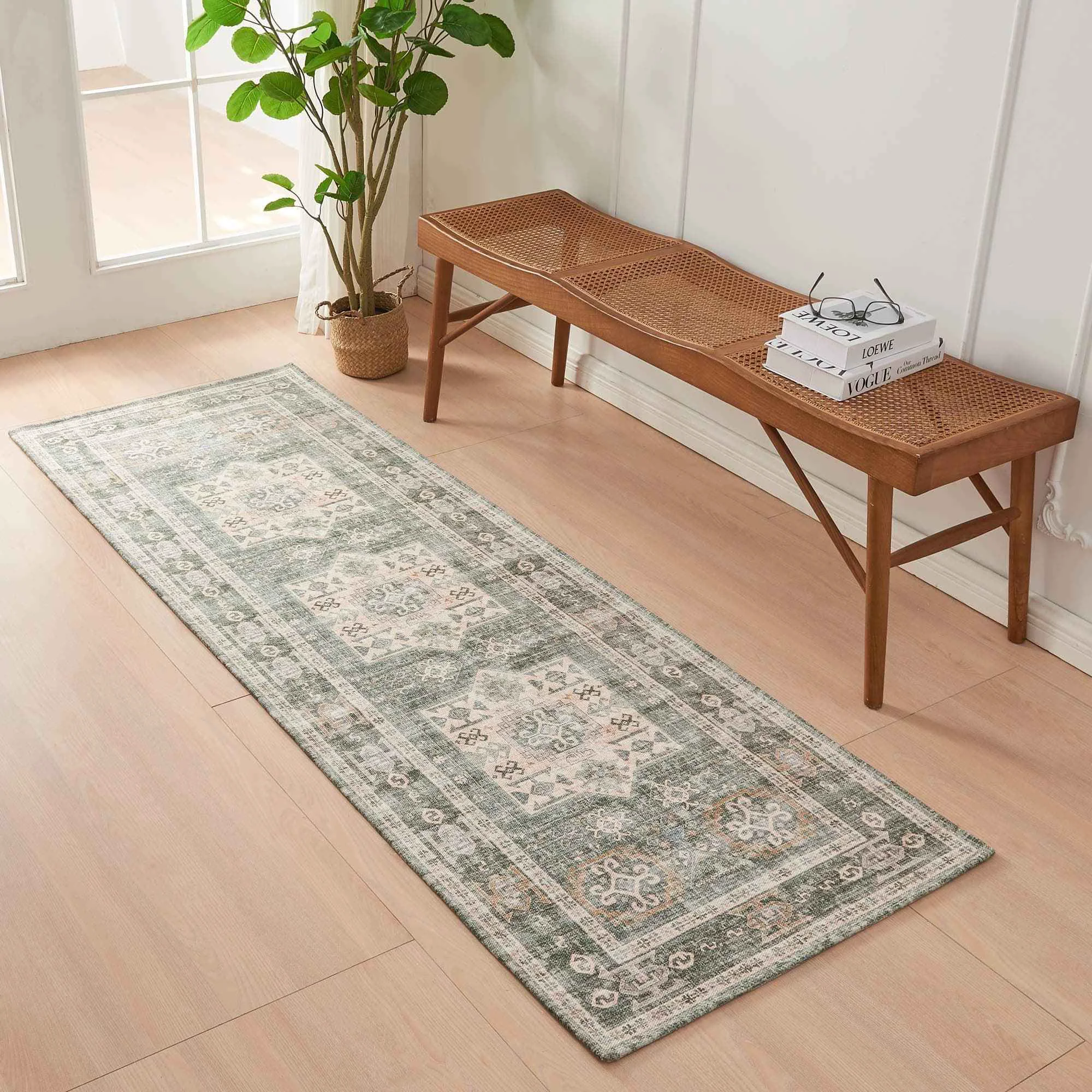 Relaxed Medallion Machine Washable Accent Runner 2 39 4 quot x 7 39 – Nava Collection Green