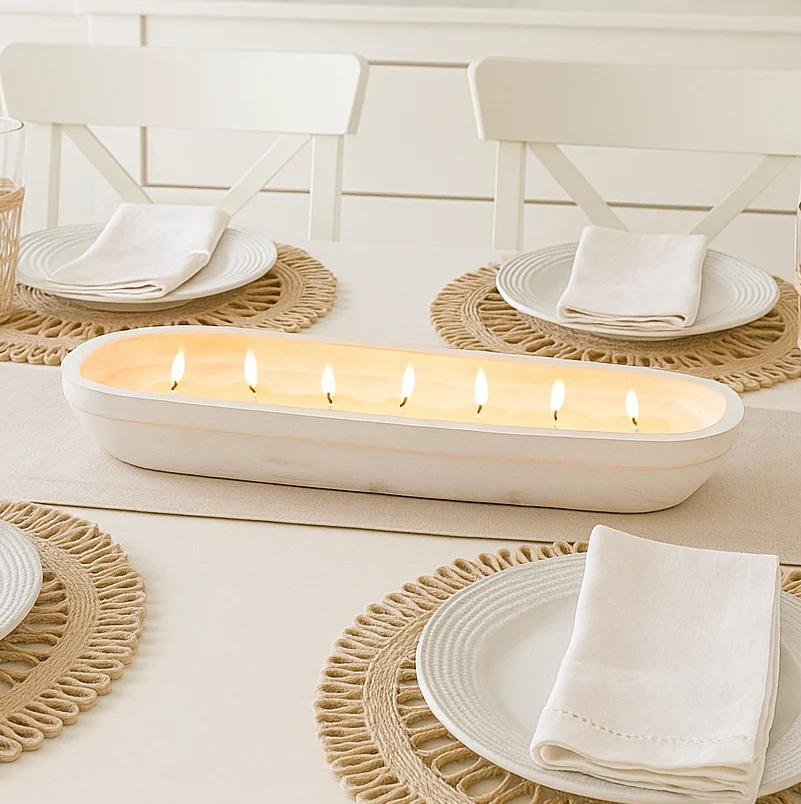 Breathable Cashmere Sunset – 7 Wick White Wood Dough Bowl Candle Responsible