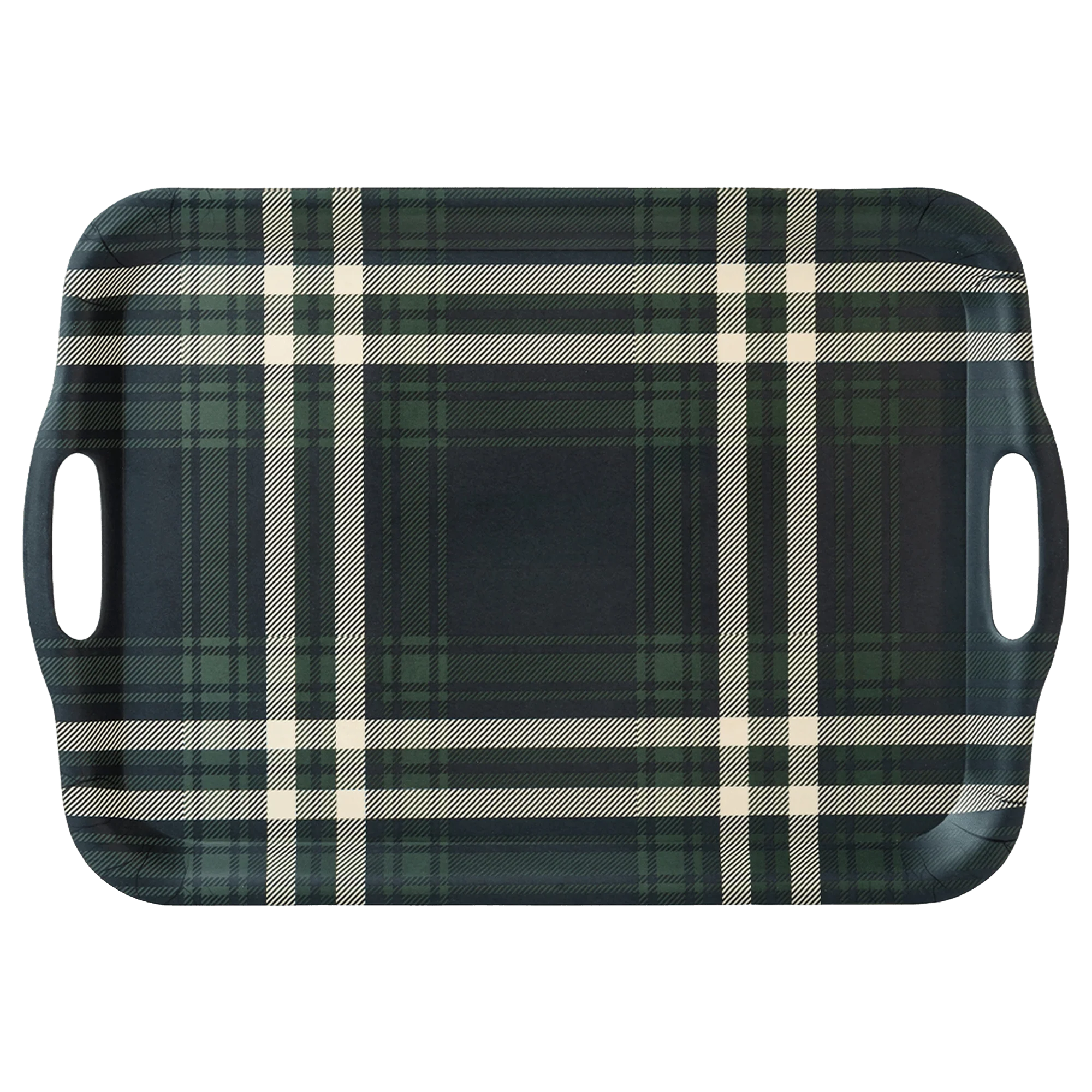 Specialty Navy Green Plaid Large Melamine Tray with Handles Excellent