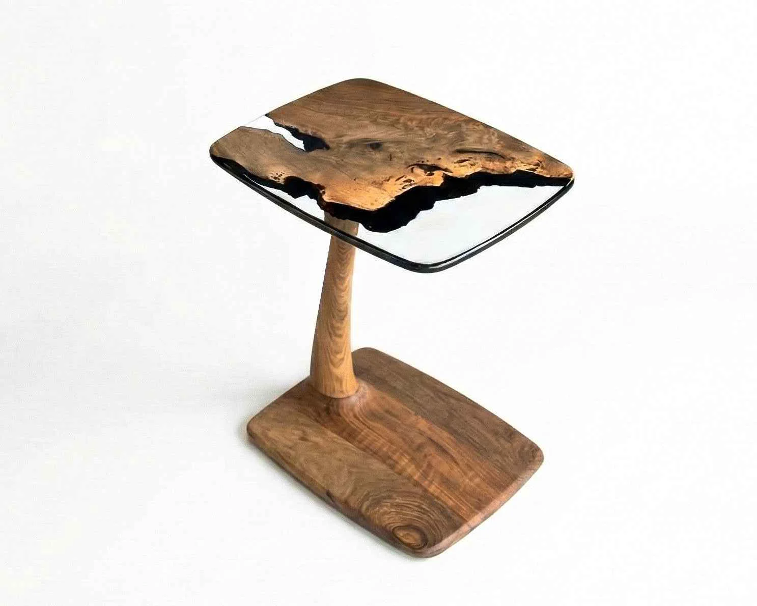 Functional C-Shaped Walnut amp Resin End Table with Wheels Relaxed
