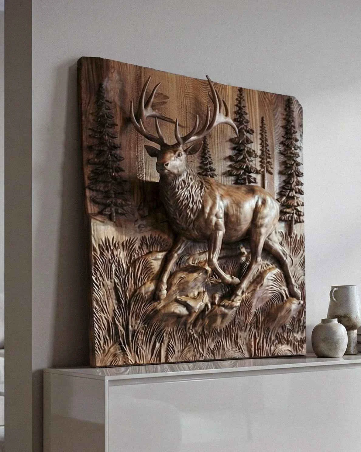 Crafted Wooden Deer – Elk 3D Wood Relief Wall Art First-Class
