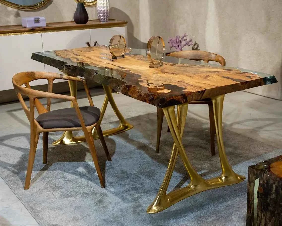 Classic Natural Epoxy Side Dining Table Made Of Linden Wood Aluminum Legs Featured Responsible