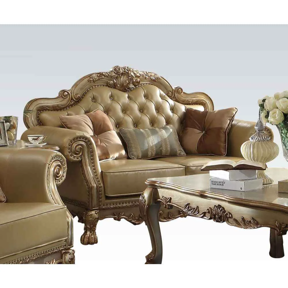Dependable Dresden – Loveseat With 3 Pillows – Bone Synthetic Leather amp Gold Patina Elegant