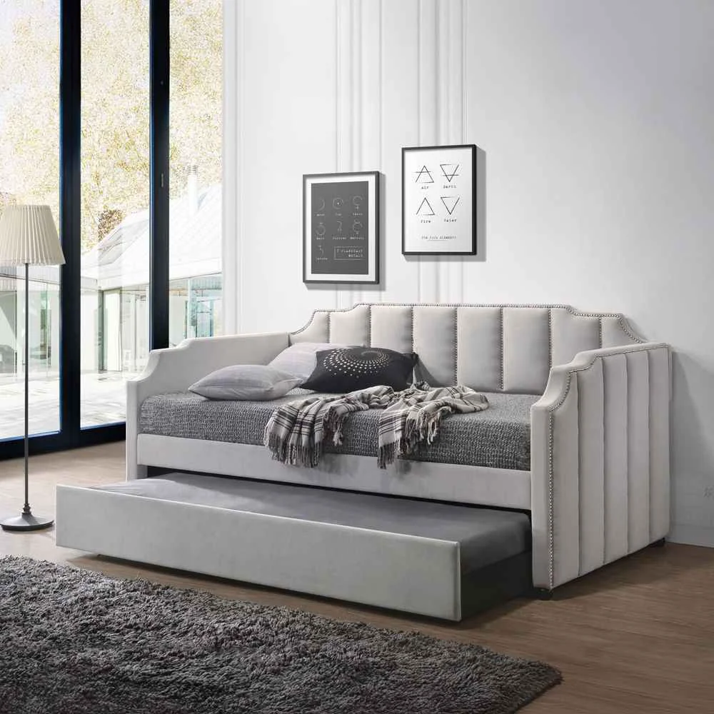 Certified Peridot – Twin Daybed With Trundle – Dove Gray Velvet Artisan