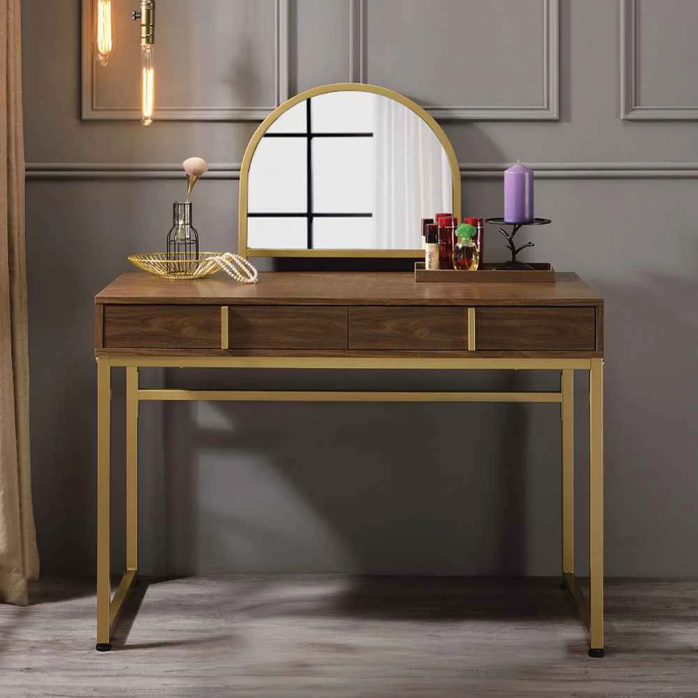 Genuine Coleen – 50 quot Vanity Desk With Mirror amp Jewelry Tray – Walnut amp Gold Refined