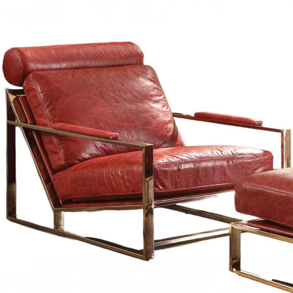 Enhanced Quinto – Accent Chair – Antique Red Top Grain Leather amp Stainless Steel Minimalist