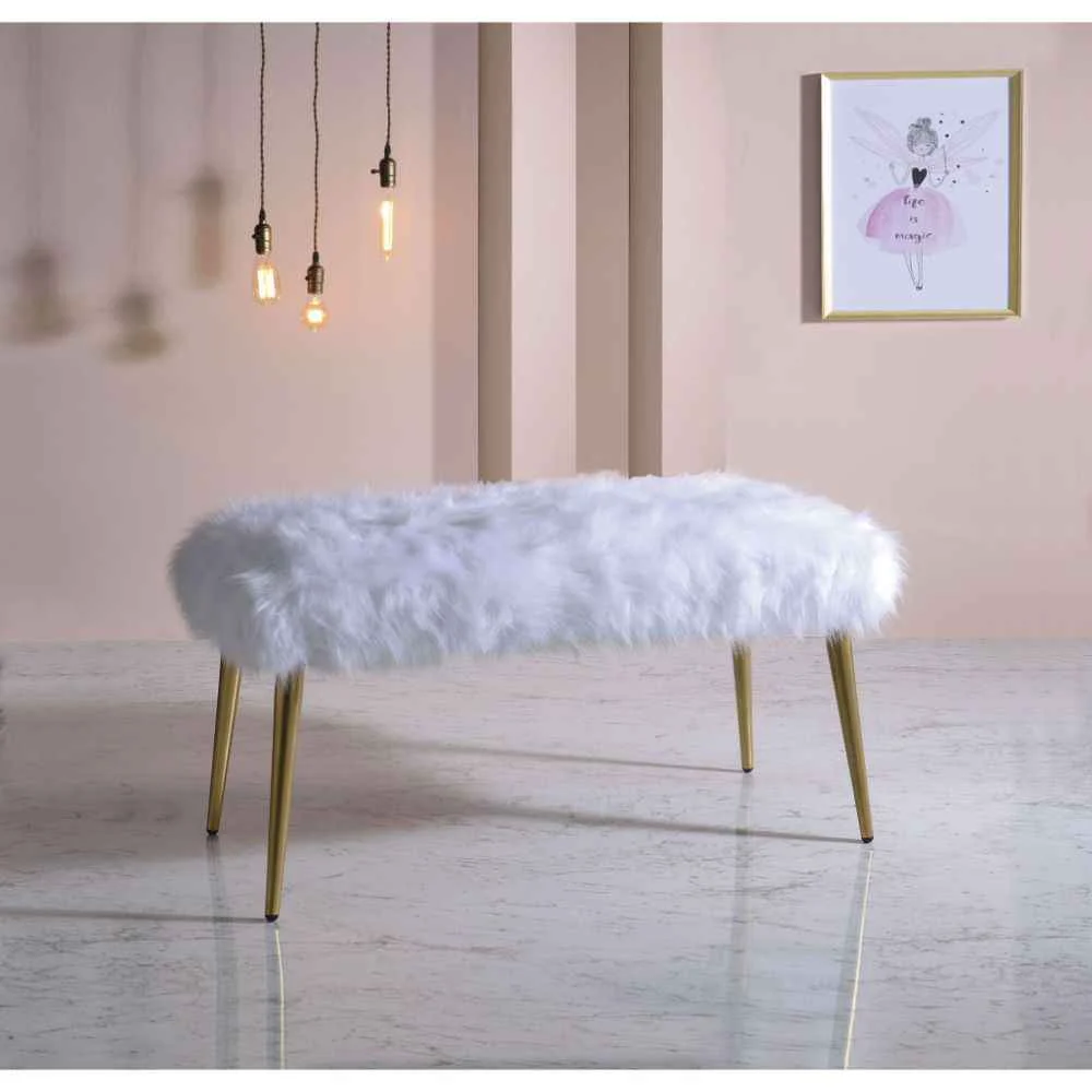 Practical Bagley II – 20 quot Bench – White Faux Fur amp Gold Authentic