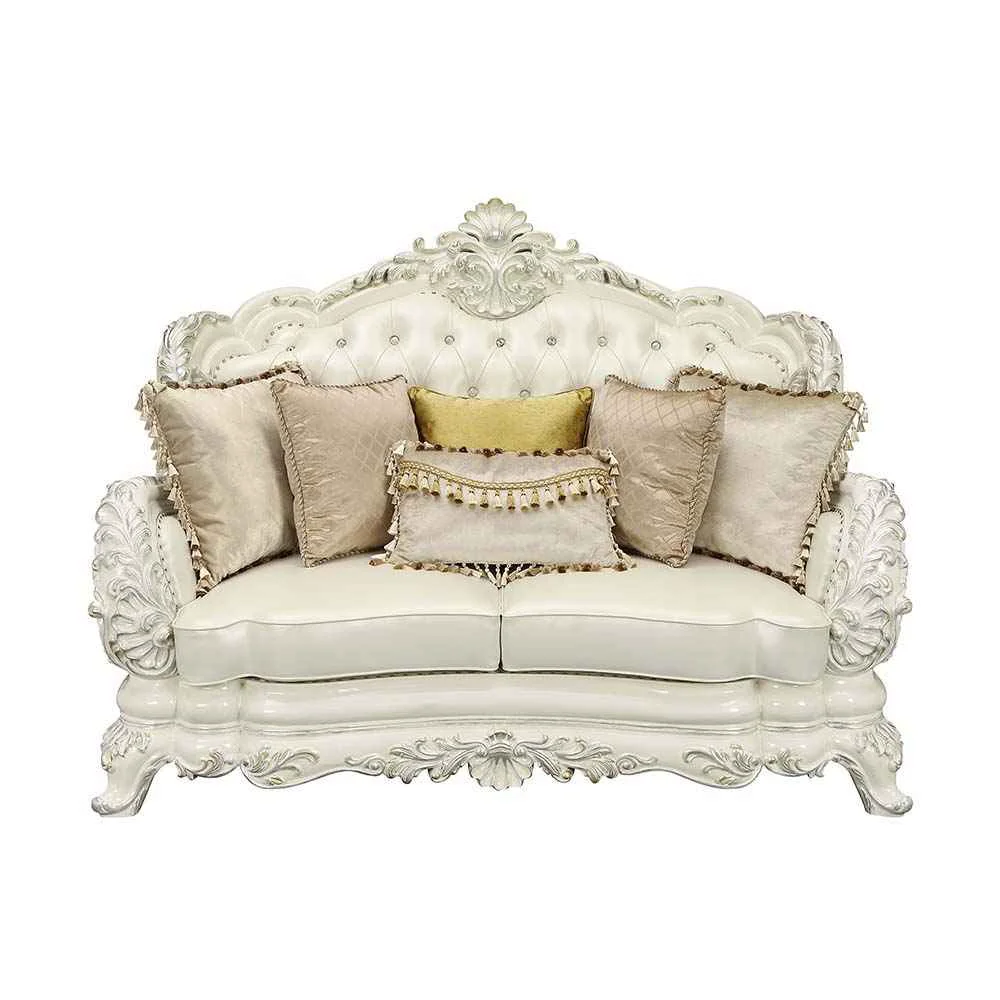 Versatile Adara – Loveseat With 5 Pillows – Pearl White Synthetic Leather amp Antique White Powerful