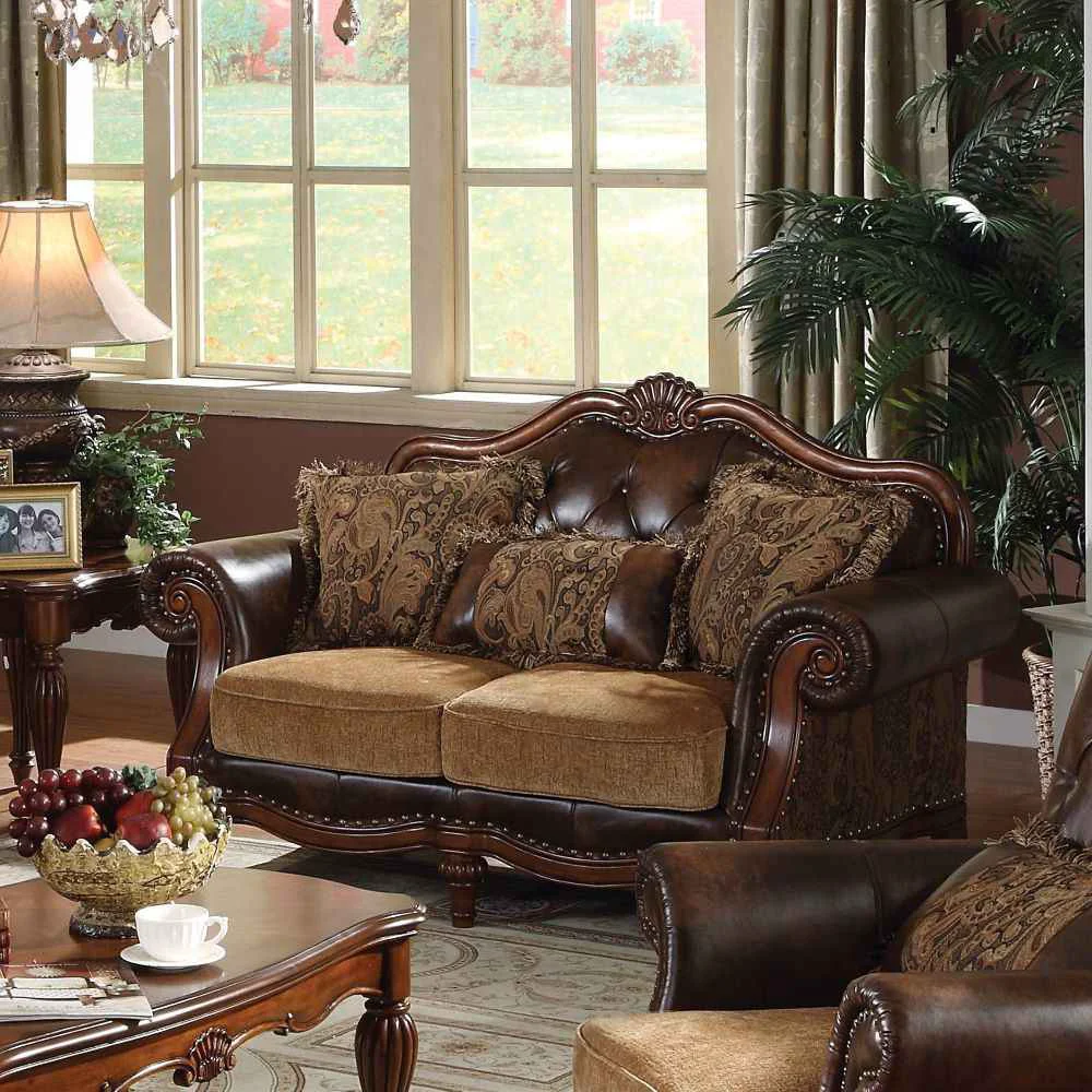 World-Class Dreena – Loveseat With 3 Pillows – Two Tone Brown Synthetic Leather amp Chenille Cherry Excellent