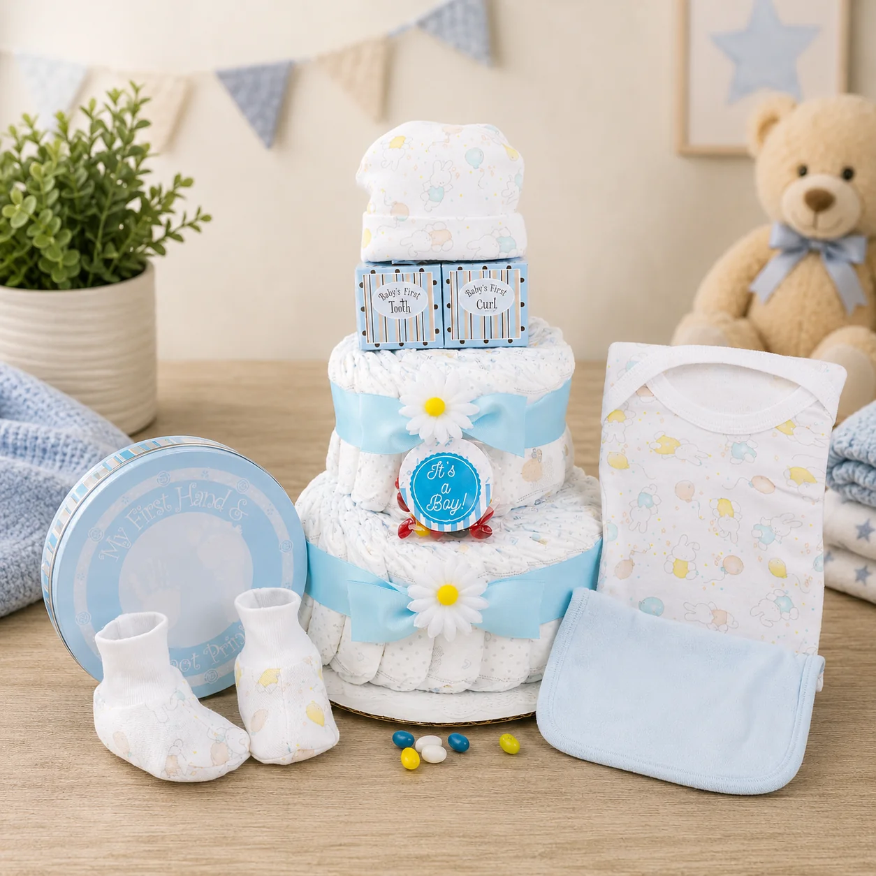 Exclusive Blue Two-Tier Diaper Cake Gift Basket Comfortable