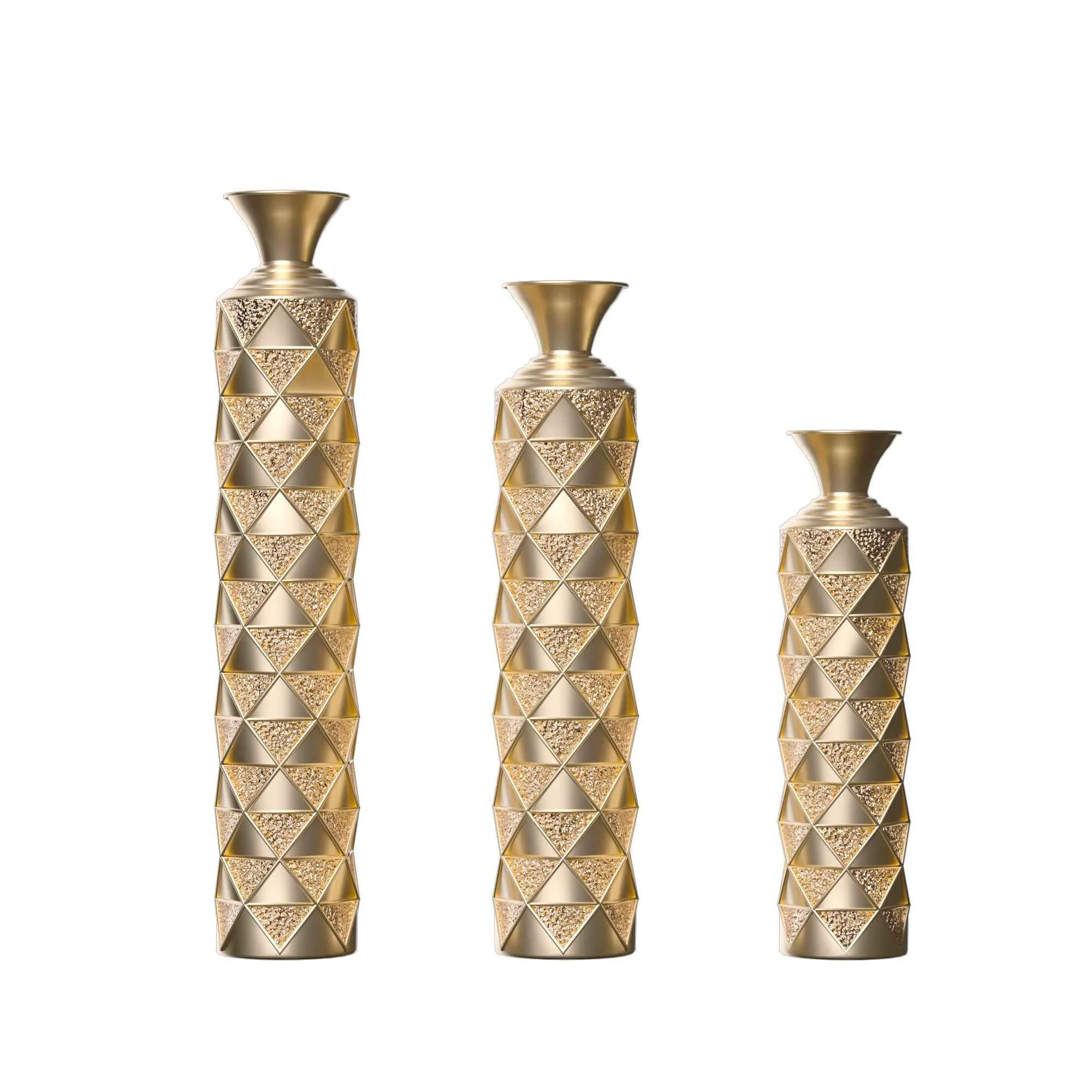 Smart Metal Decorative Vase High Distress Metal Center Vase With 3D Triangle Pattern Set of 3 Vases For Home Decoration – Gold Natural