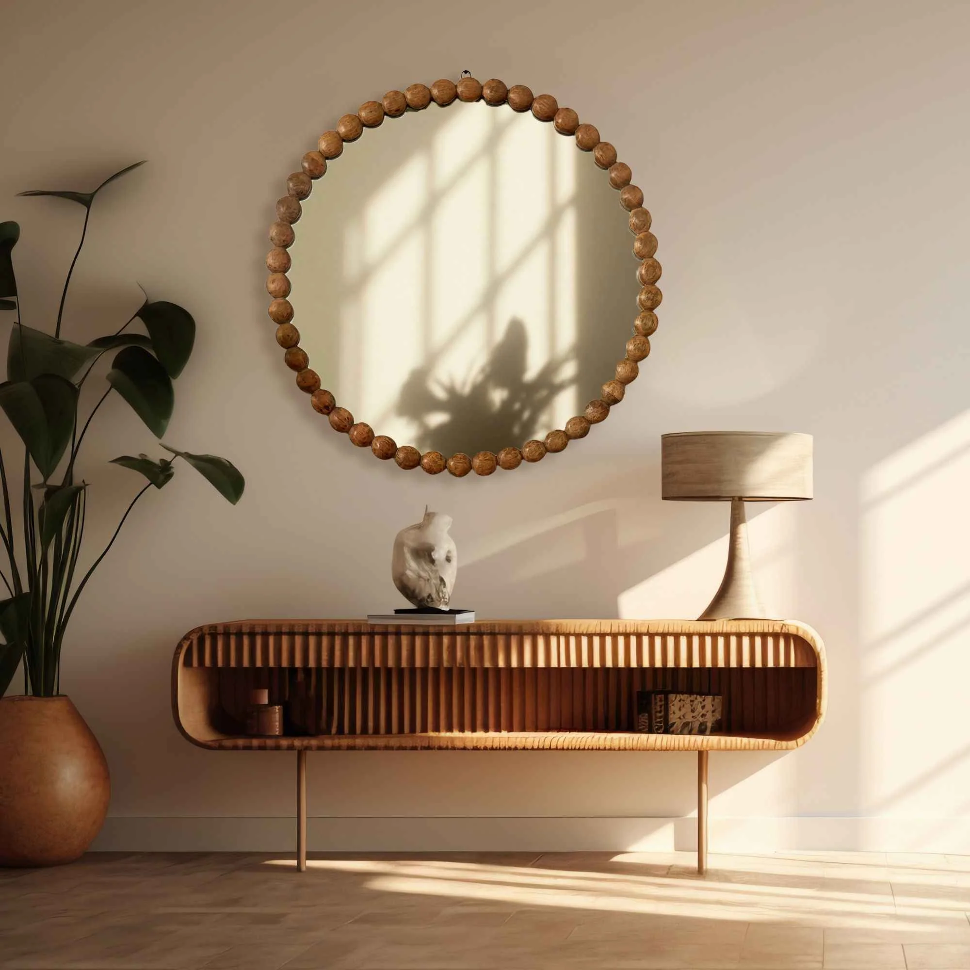 Contemporary Decorative Round Hanging Wall Mirror With Bead Design Frame – Natural Recyclable