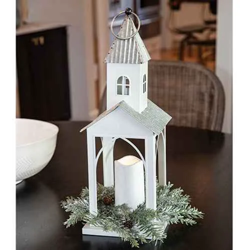 Clean White Metal Church Farmhouse Pillar Lantern Exclusive