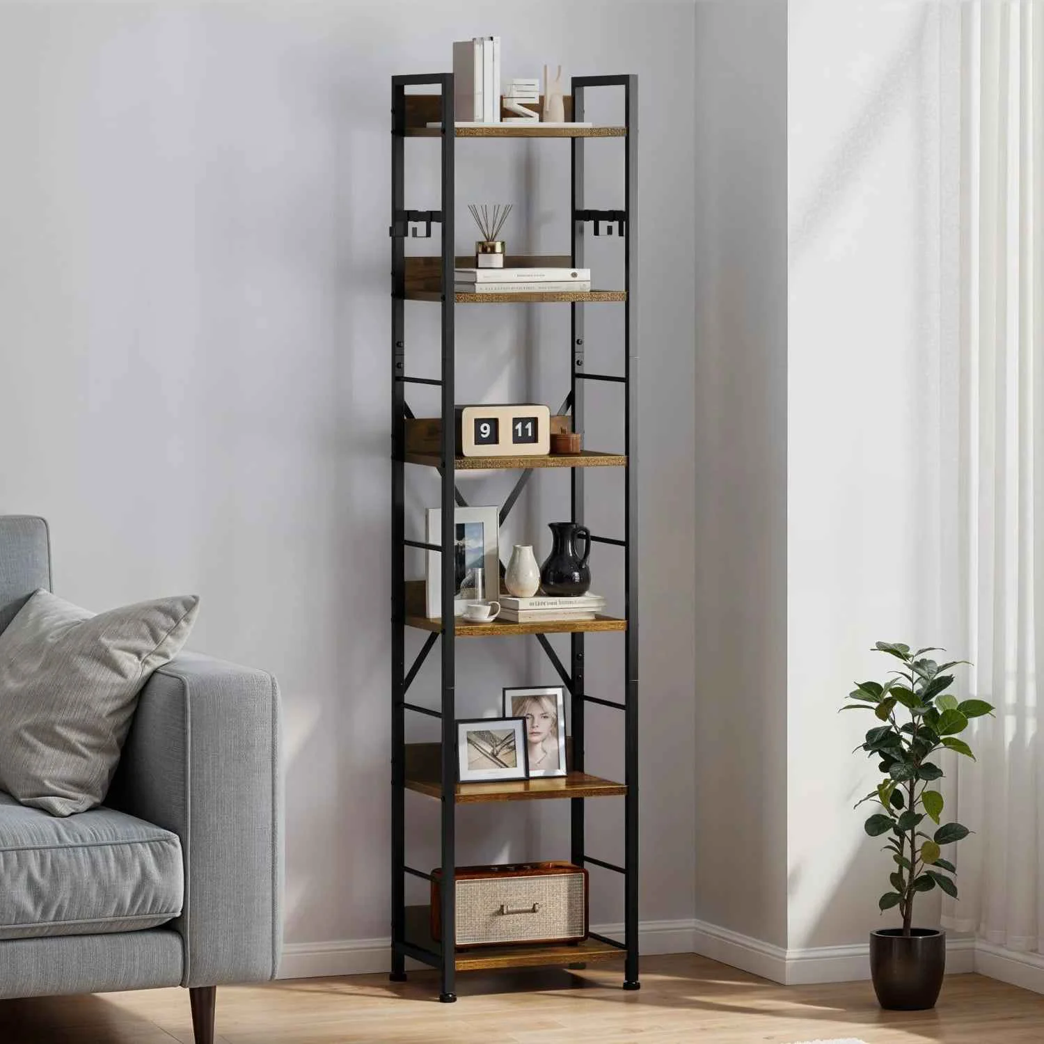 Outstanding Wooden 6-Tier Brown Bookshelf with Storage Hooks Natural