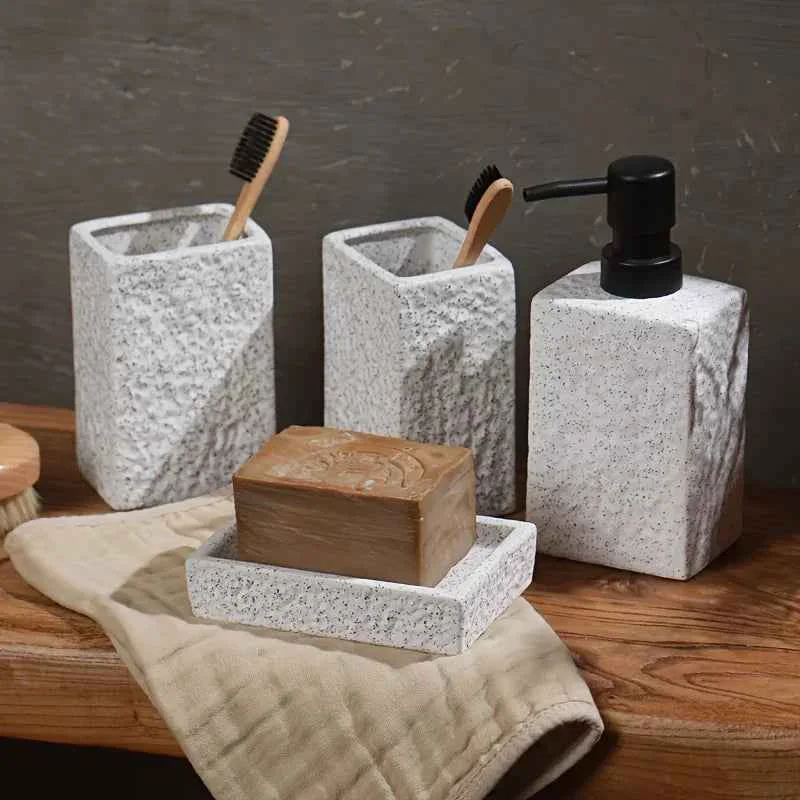Exceptional A 4pcs Set Featuring a Minimalist Nordic Design in Ceramic Including a Stone-Patterned Wash Cup Set Lotion Bottle Soap Dish Bathroom Cleaning Bottles Mouthwash Cup Bathroom Essentials Bathroom Accessories As a Smooth