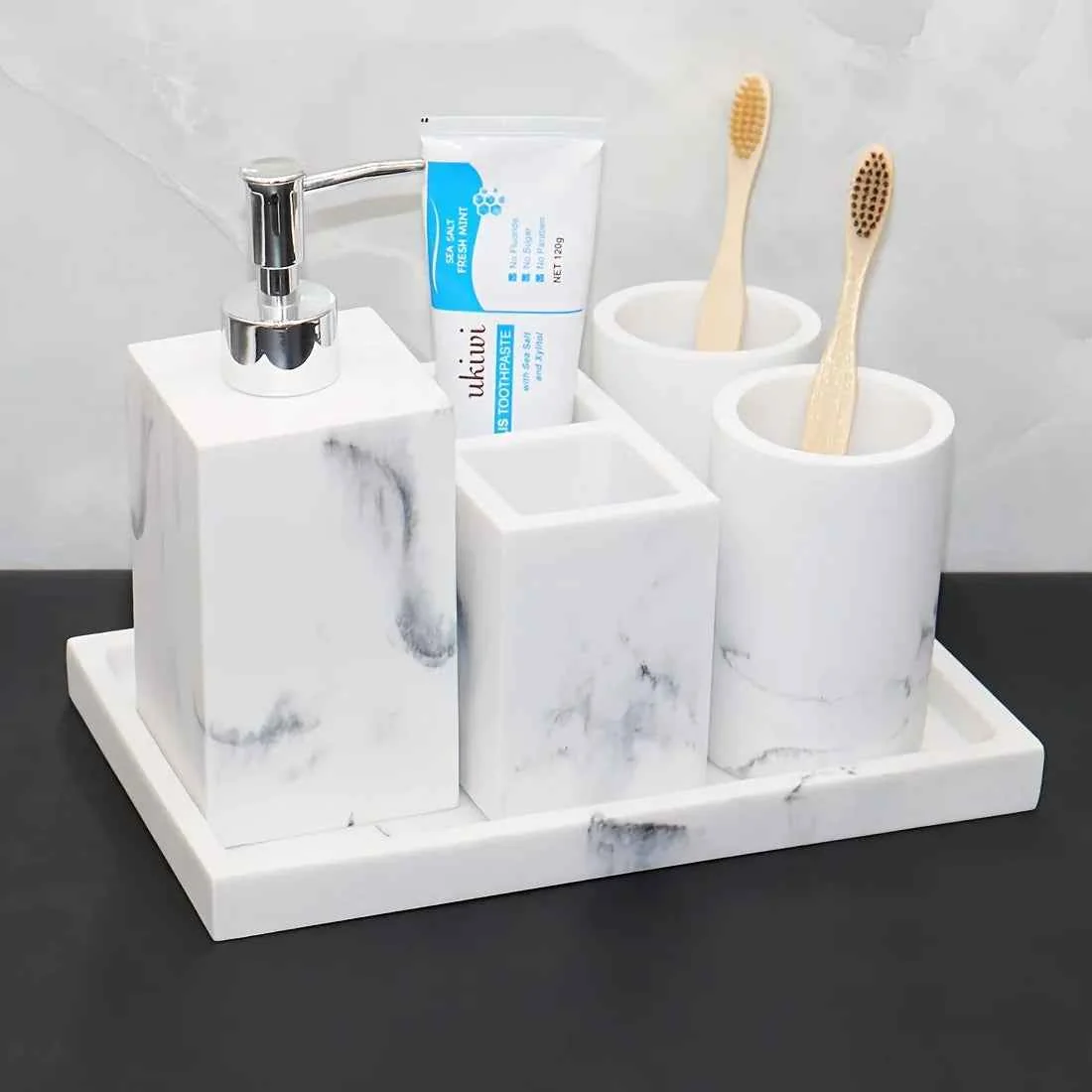 High-Grade European Style 5-Piece Bathroom Accessory Set with Faux Marble Design – Includes Soap Dispenser Toothbrush Holder Tumbler Soap Dish and Tray – Elegant Vanity Countertop Ensemble for Home or Hotel Decor Superior