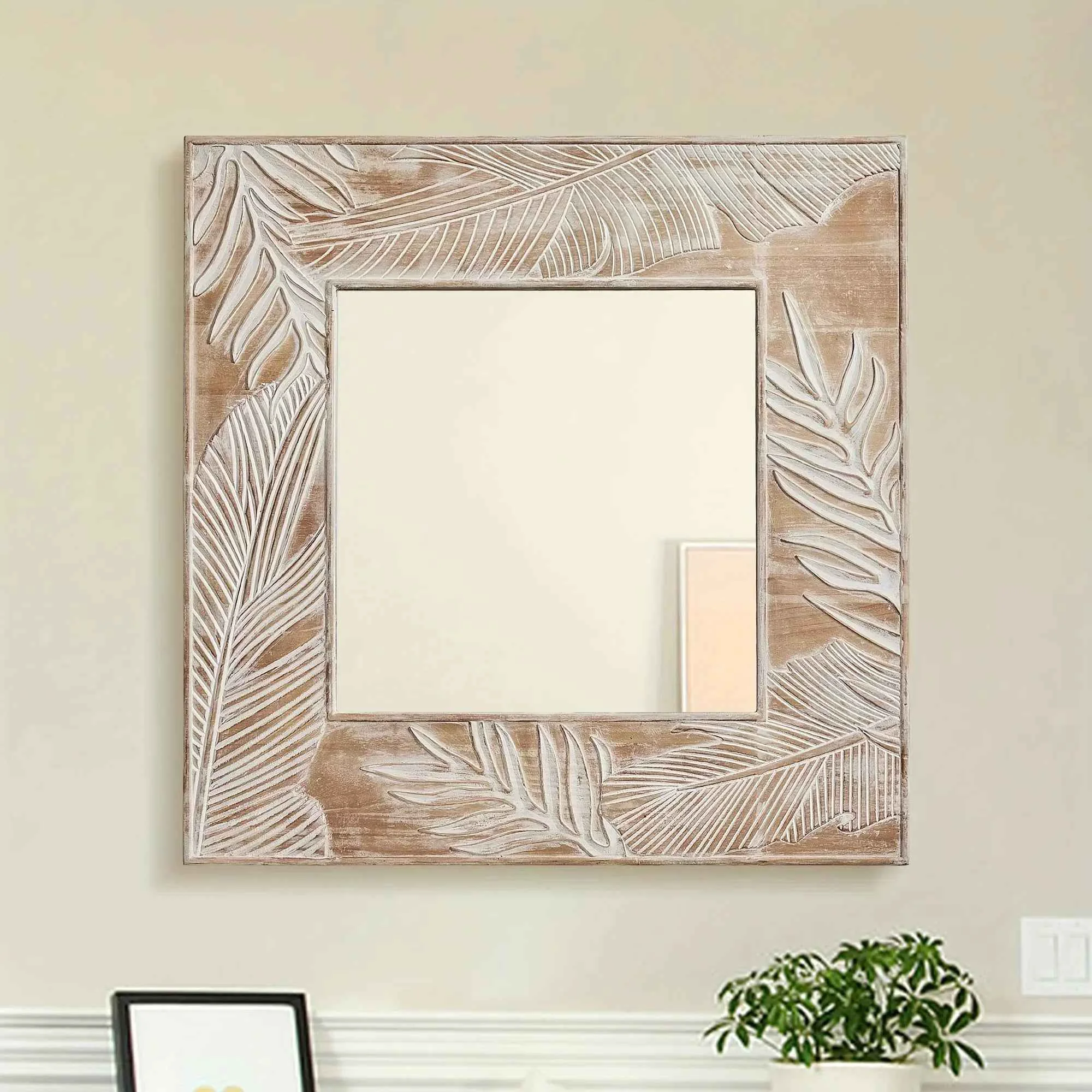 Secure Wall Mirror – Rustic Wood Square Stylish