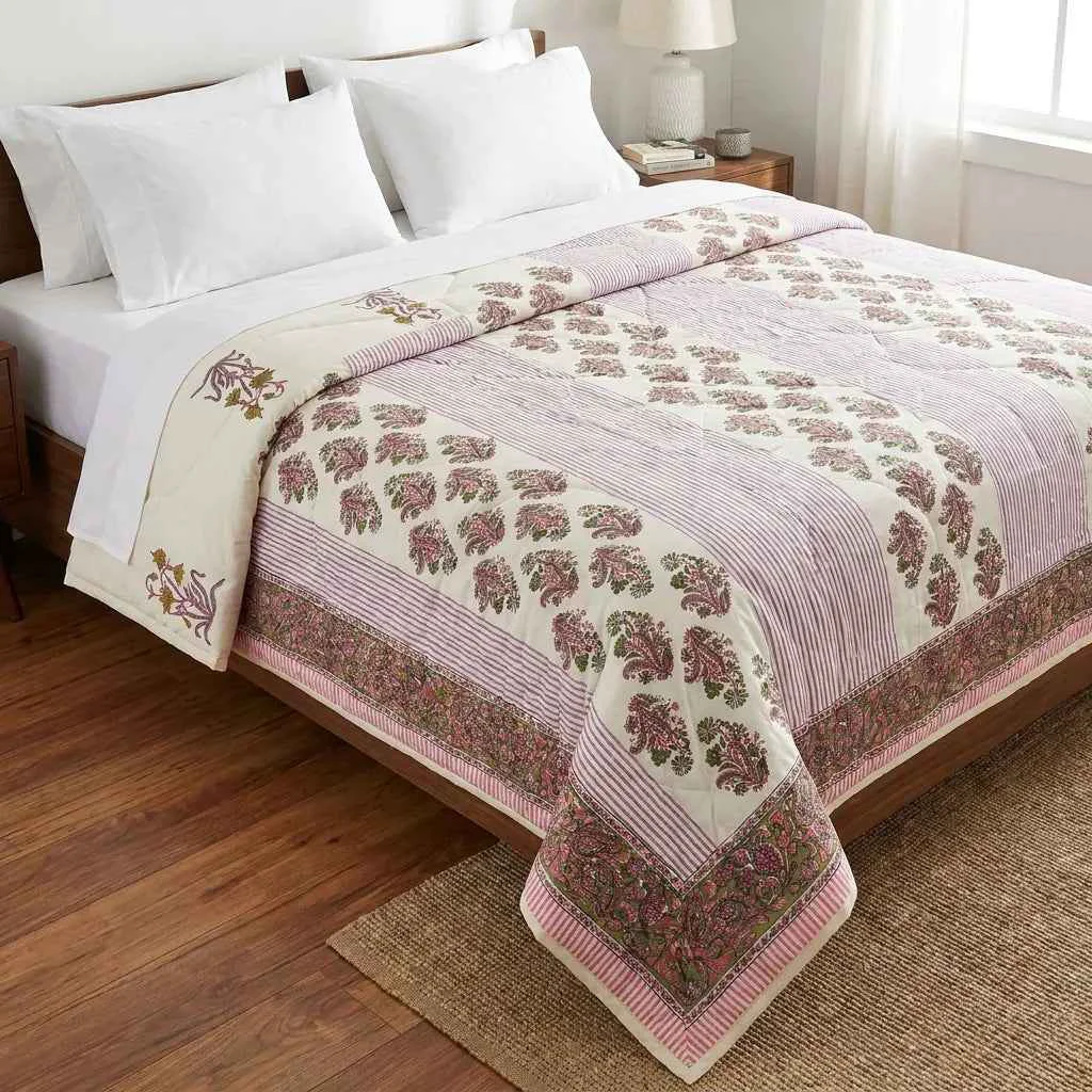 Luxury Cream amp Deep Pink Floral Jaipur Indian Hand Block Print Quilted Comforter Easy-to-Use