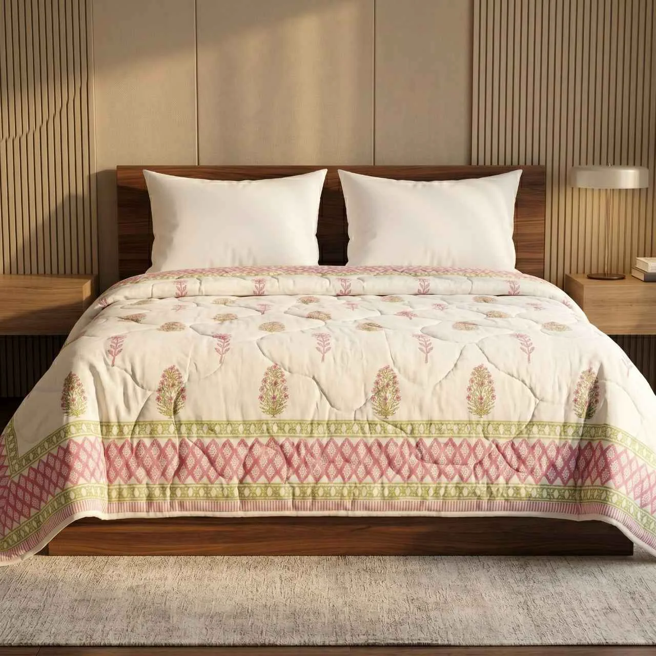 Proven Cream amp Rose Pink Floral Jaipur Indian Hand Block Print Quilted Comforter Casual