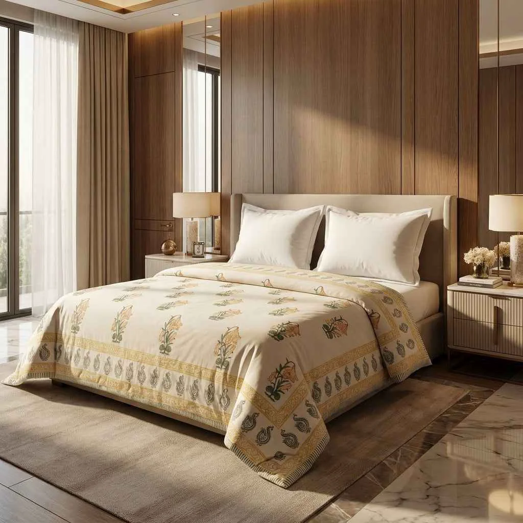 Smart Cream amp Golden Yellow Floral Jaipur Indian Hand Block Print Quilted Comforter Contemporary