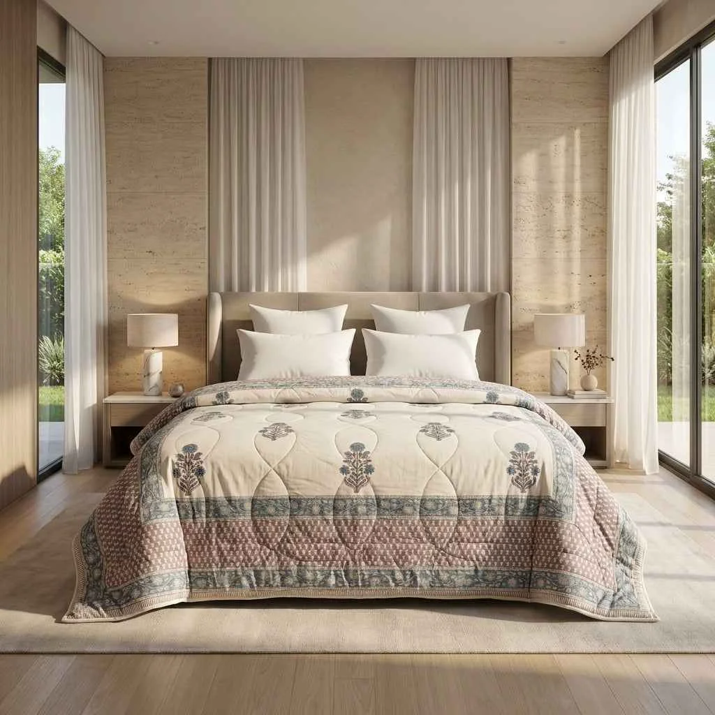 Original Design Cream amp Slate Blue Floral Jaipur Indian Hand Block Print Quilted Comforter Excellent