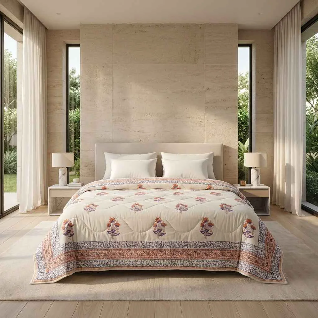 Classic Lavender Grey amp Cream Floral Jaipur Indian Hand Block Print Quilted Comforter Practical