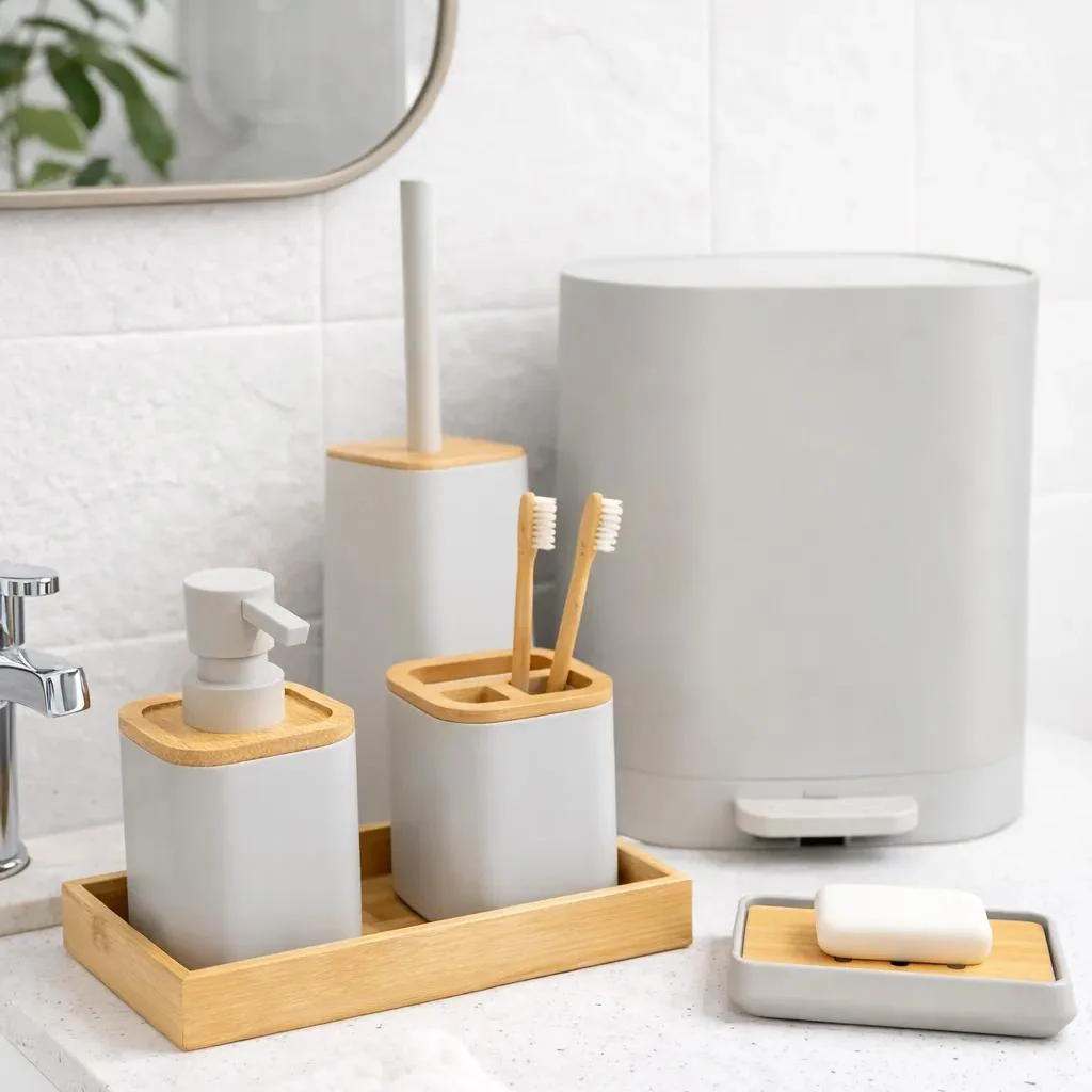 High-Grade Warm Spa Minimalism-Matte Neutrals with Bamboo Accents 6 Essentials Included Premium Material