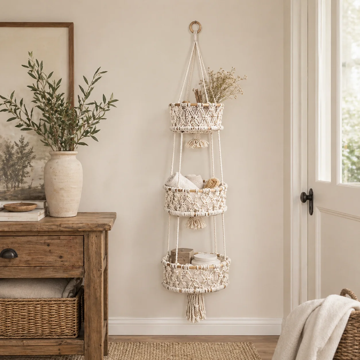 Consistent Vertical Hanging Storage Boho Style-A Cotton Rope Woven 3-Tier Basket Carefully Designed