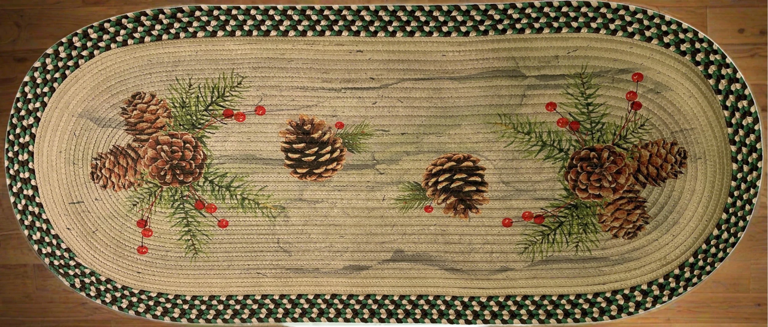 Fine Braided Rug 48-inch Oval-Pine Cone and Berries Breathable