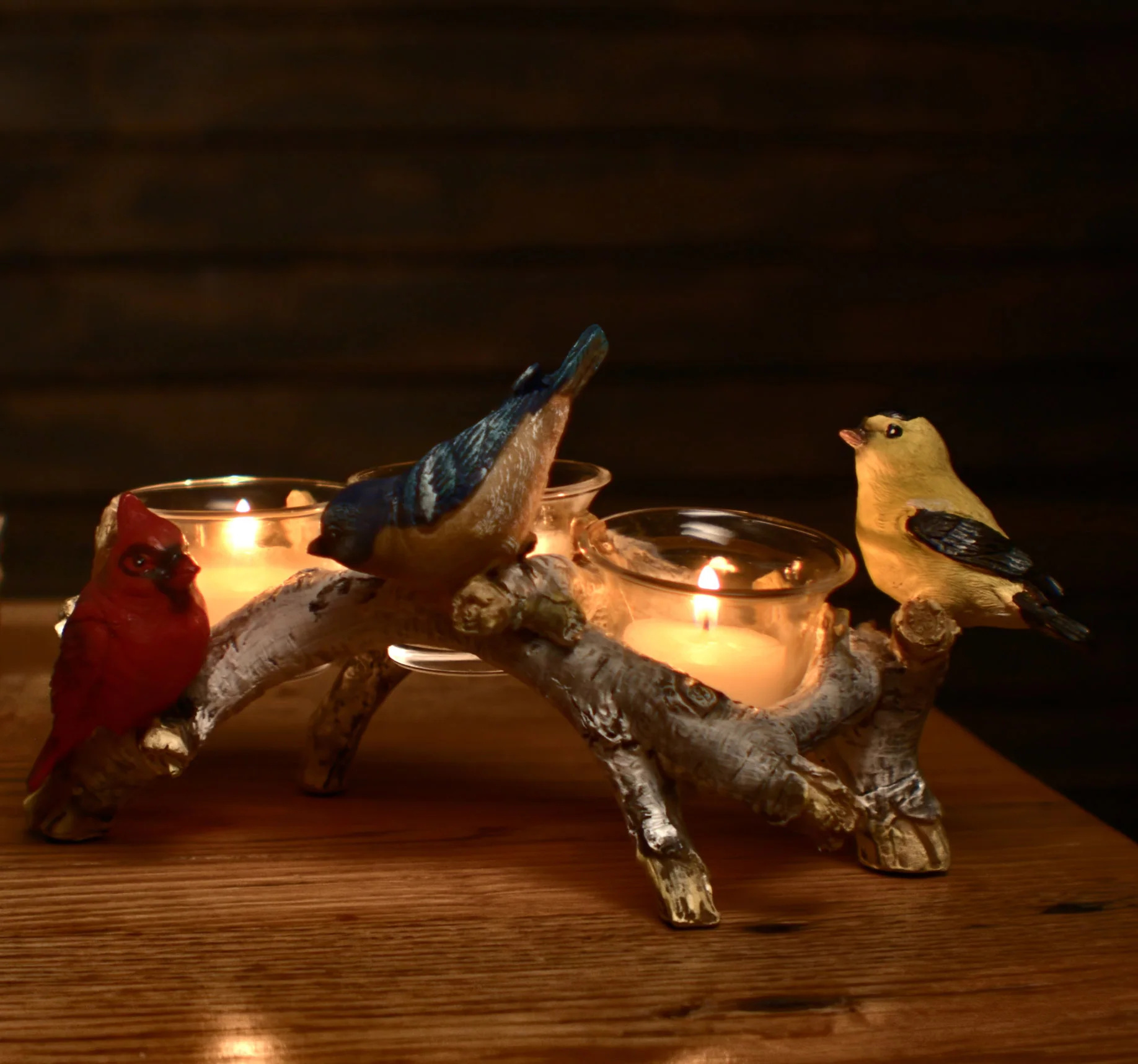 Crafted Candle Holder-Birch with Birds 3 Piece Natural