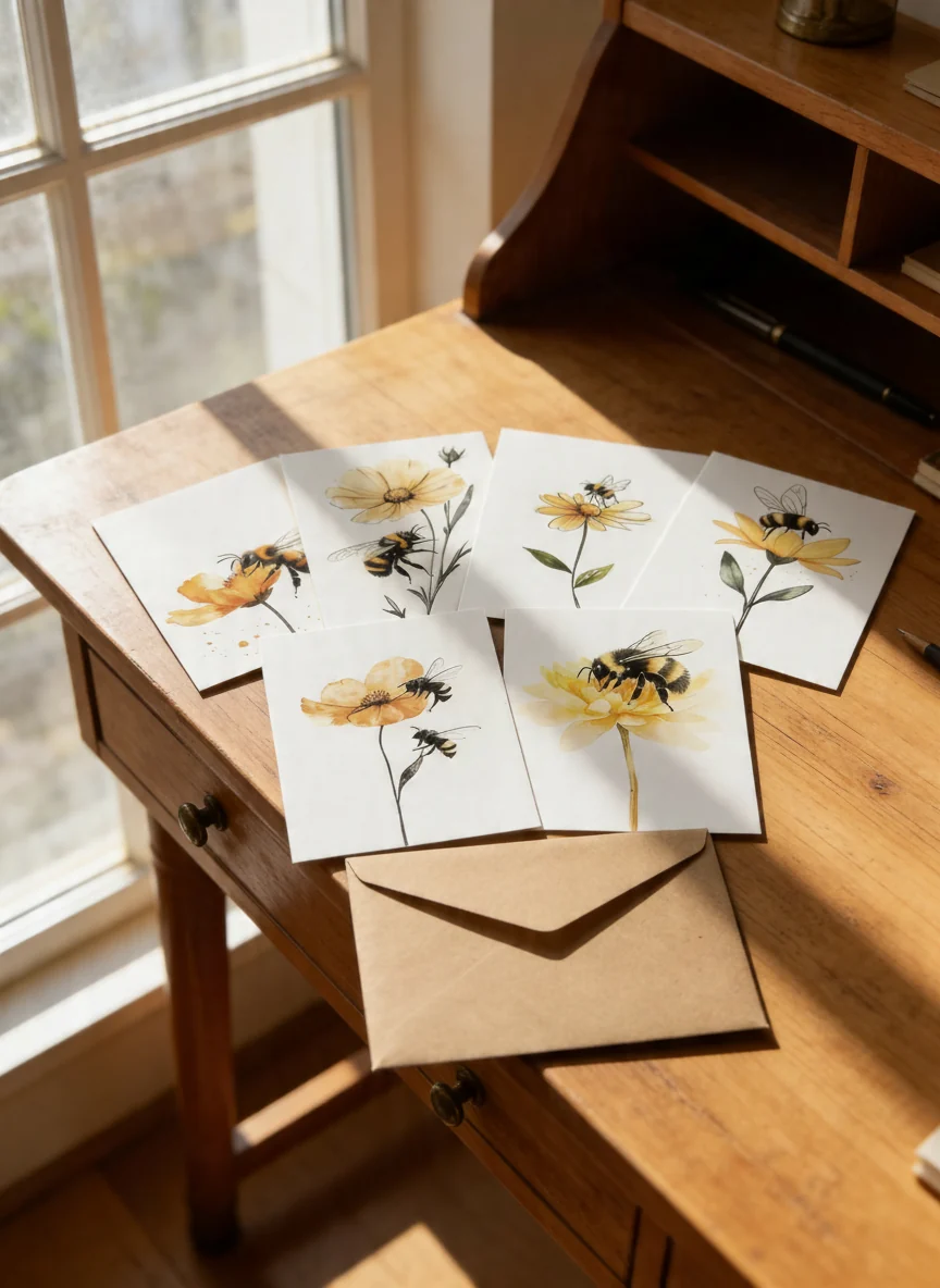 Trendy Bee Floral Watercolor Note Card Set Reusable