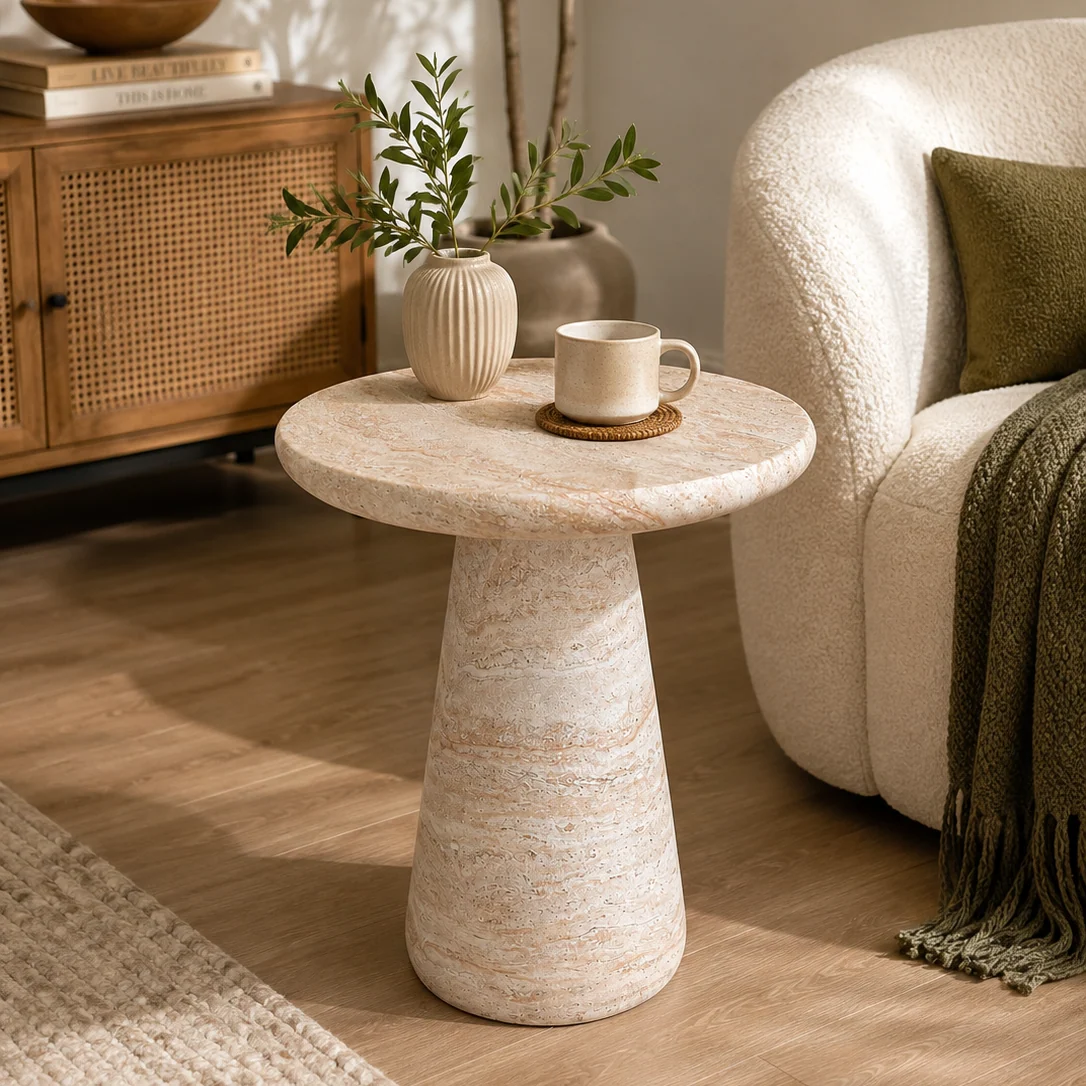 Convenient Faux Travertine Cone-Shaped Side Table Premium Material