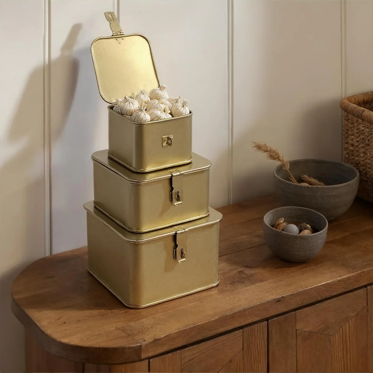 Innovative Decorative Metal Square Storage Box Gold Finish Smooth