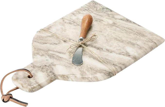 Minimalist Marble Cheese and Cutting Board with Handle Leather Tie and Canape Knife Detailed
