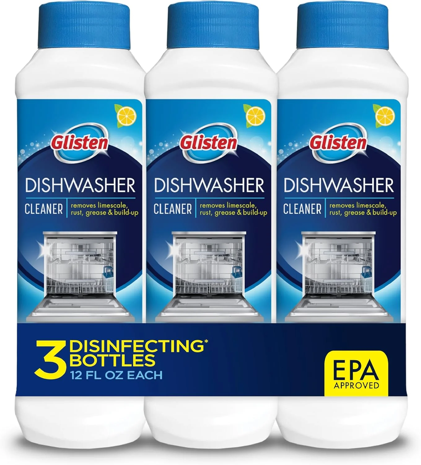 Original Glisten Dishwasher Cleaner – Removes Limescale Rust Grease Lemon Scent Made in USA 12 oz 3-Pack High-Performance