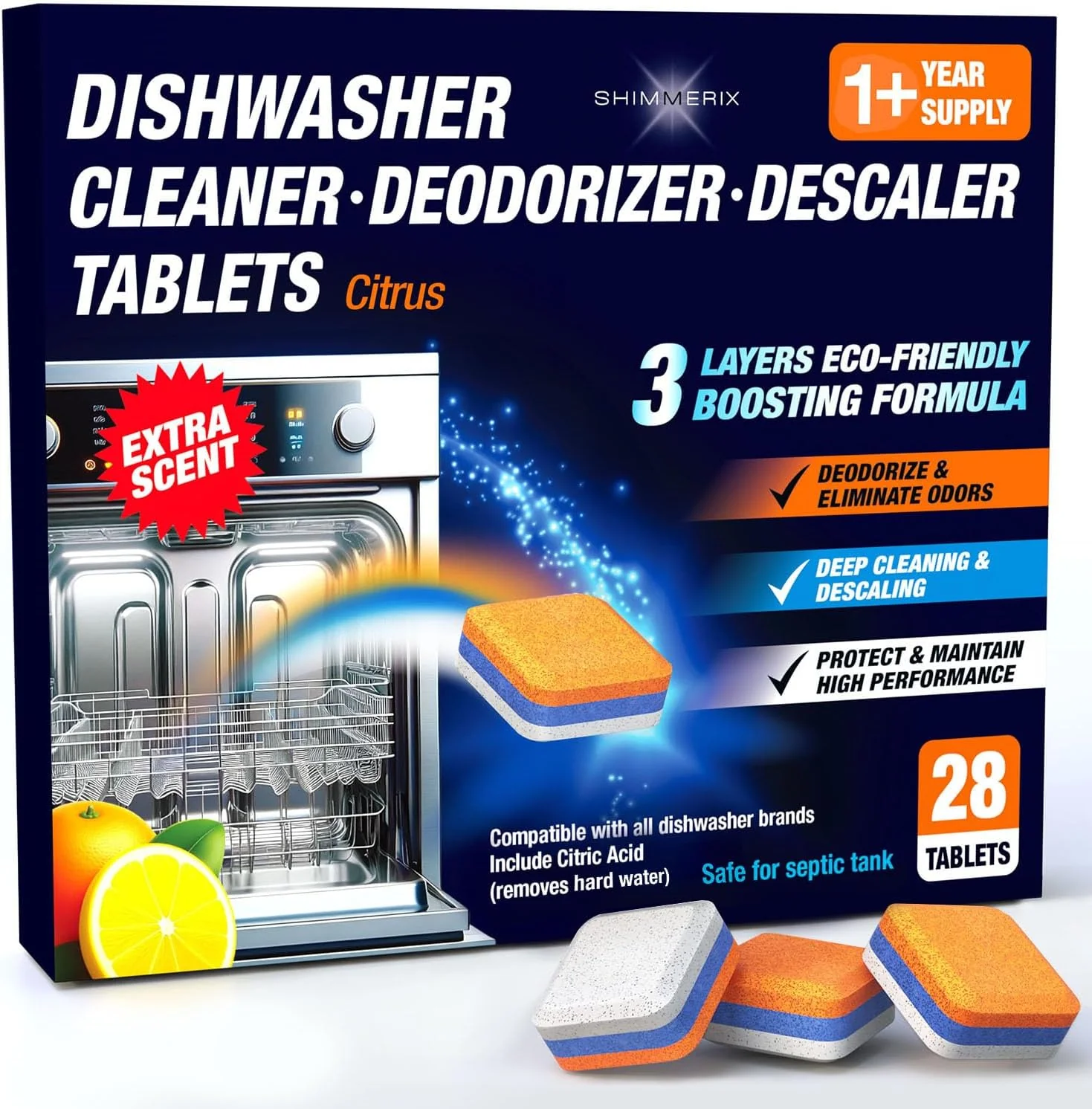 Certified SHIMMERIX Dishwasher Cleaner Descaler Tablets – Deep Cleaning Hard Water Removal Citric Acid Septic Safe Citrus 28 Tabs Premium
