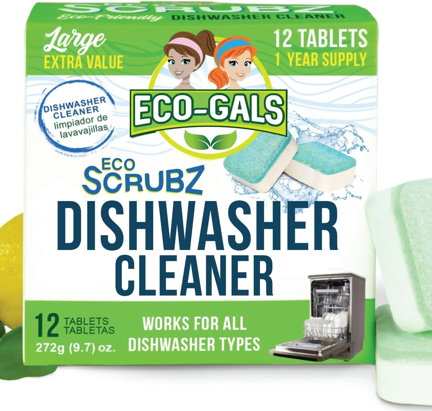 Traditional Eco-Gals Heavy Duty Dishwasher Cleaner – Removes Odors Limescale Calcium Septic Safe Unscented 12 Tablets Secure